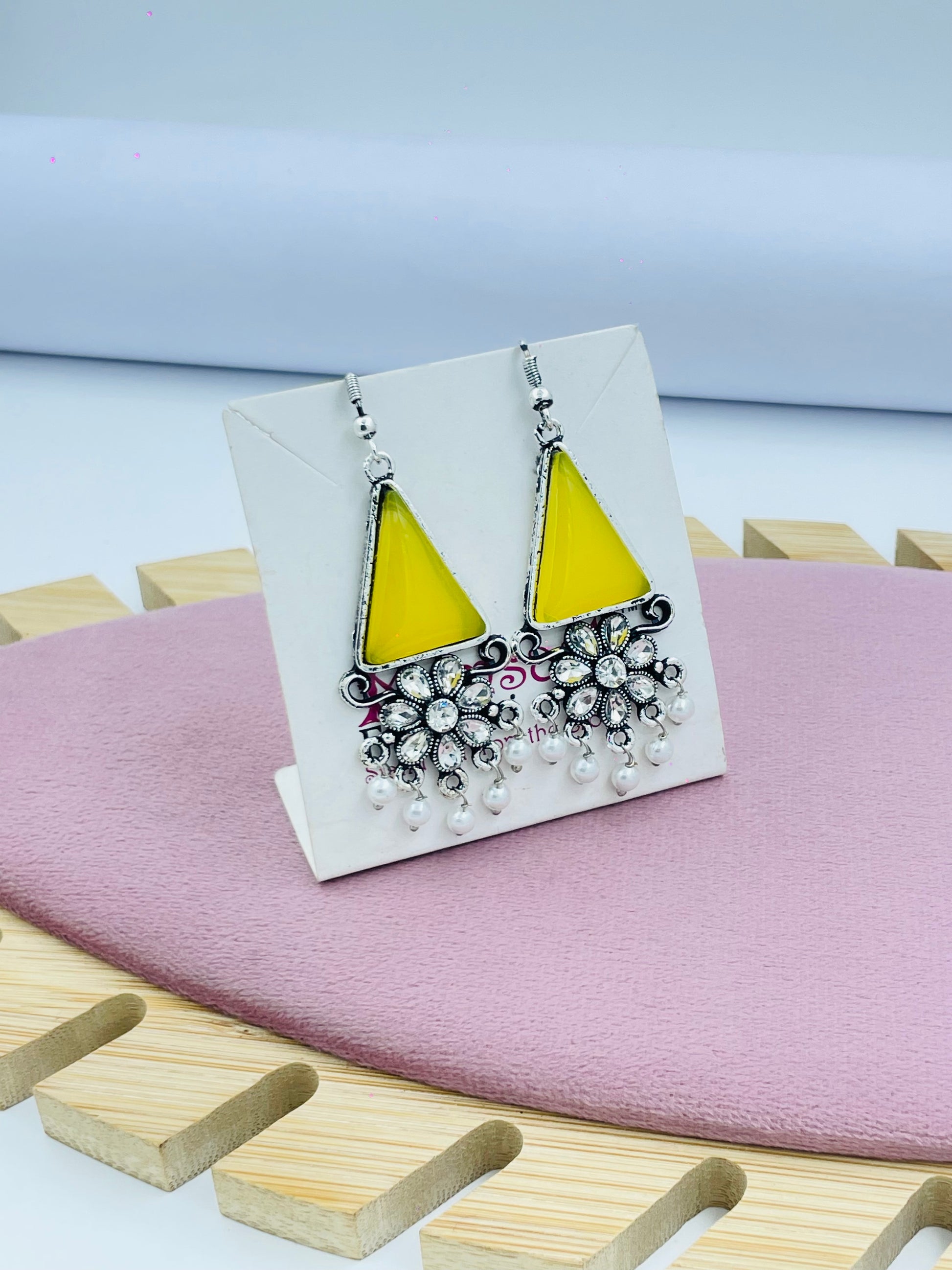 Yellow Triangle Silver Earrings with Pearl Danglers