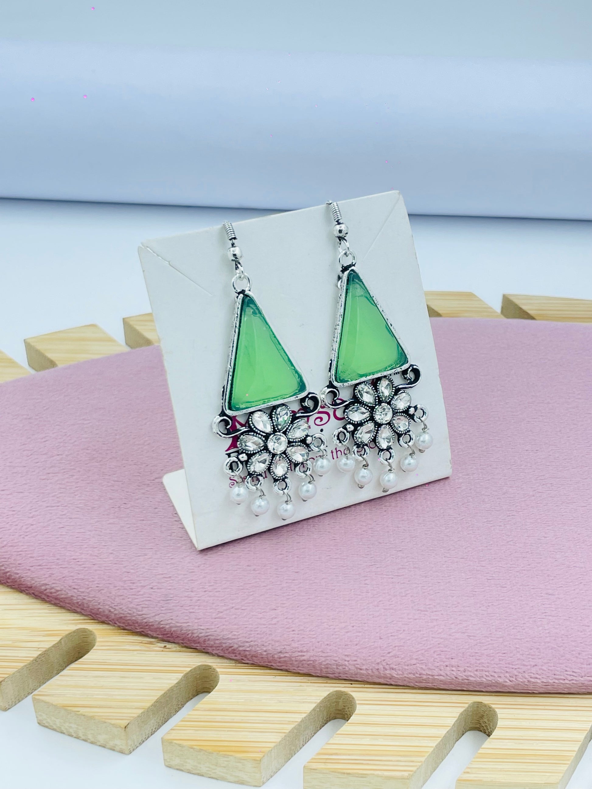 Elegant Silvertone Green Triangle Earrings