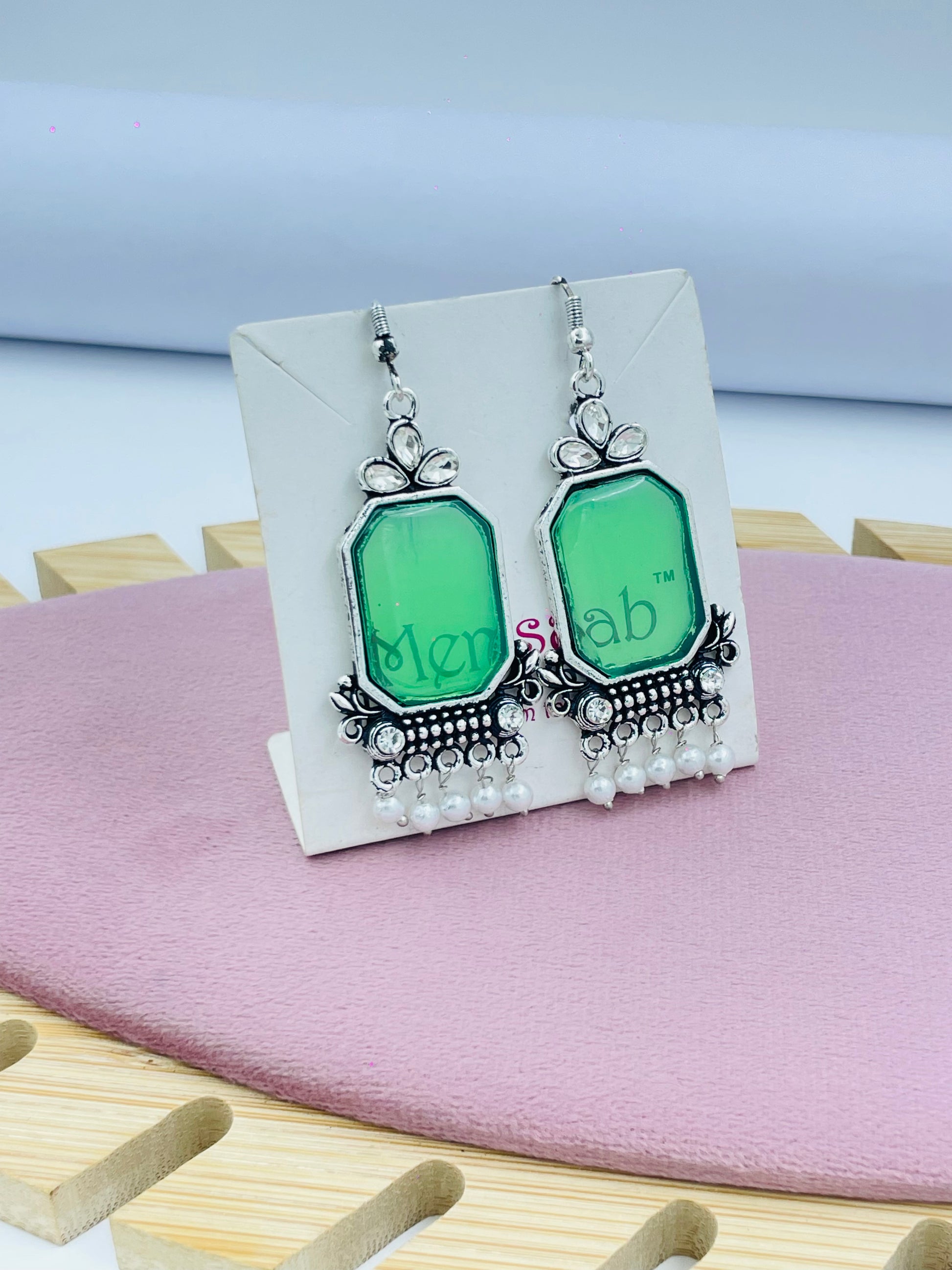 Vintage Green and Silver Earrings with Pearl Accents