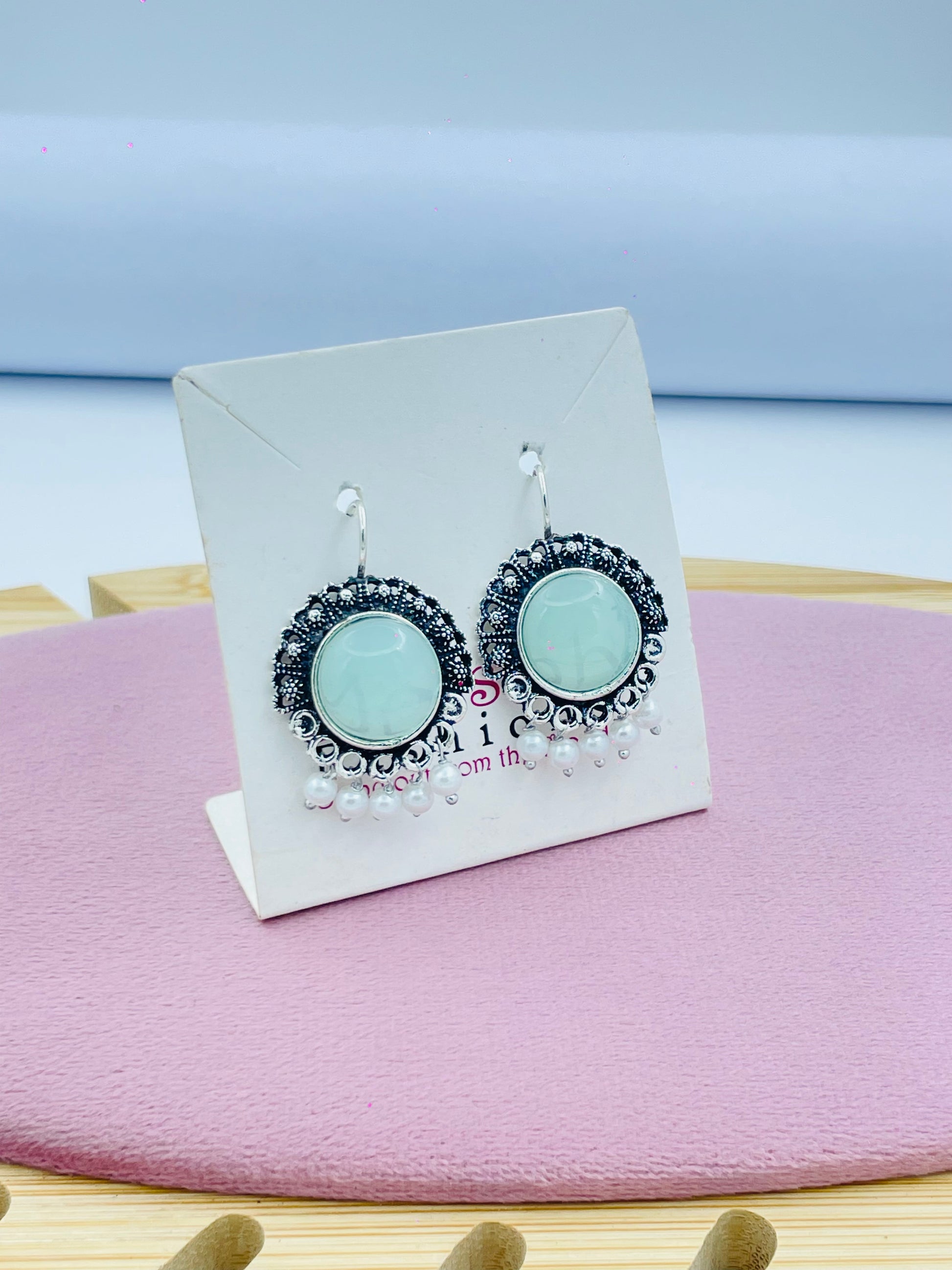 Elegant Ethnic Silver and Turquoise Earrings with Pearl Accents