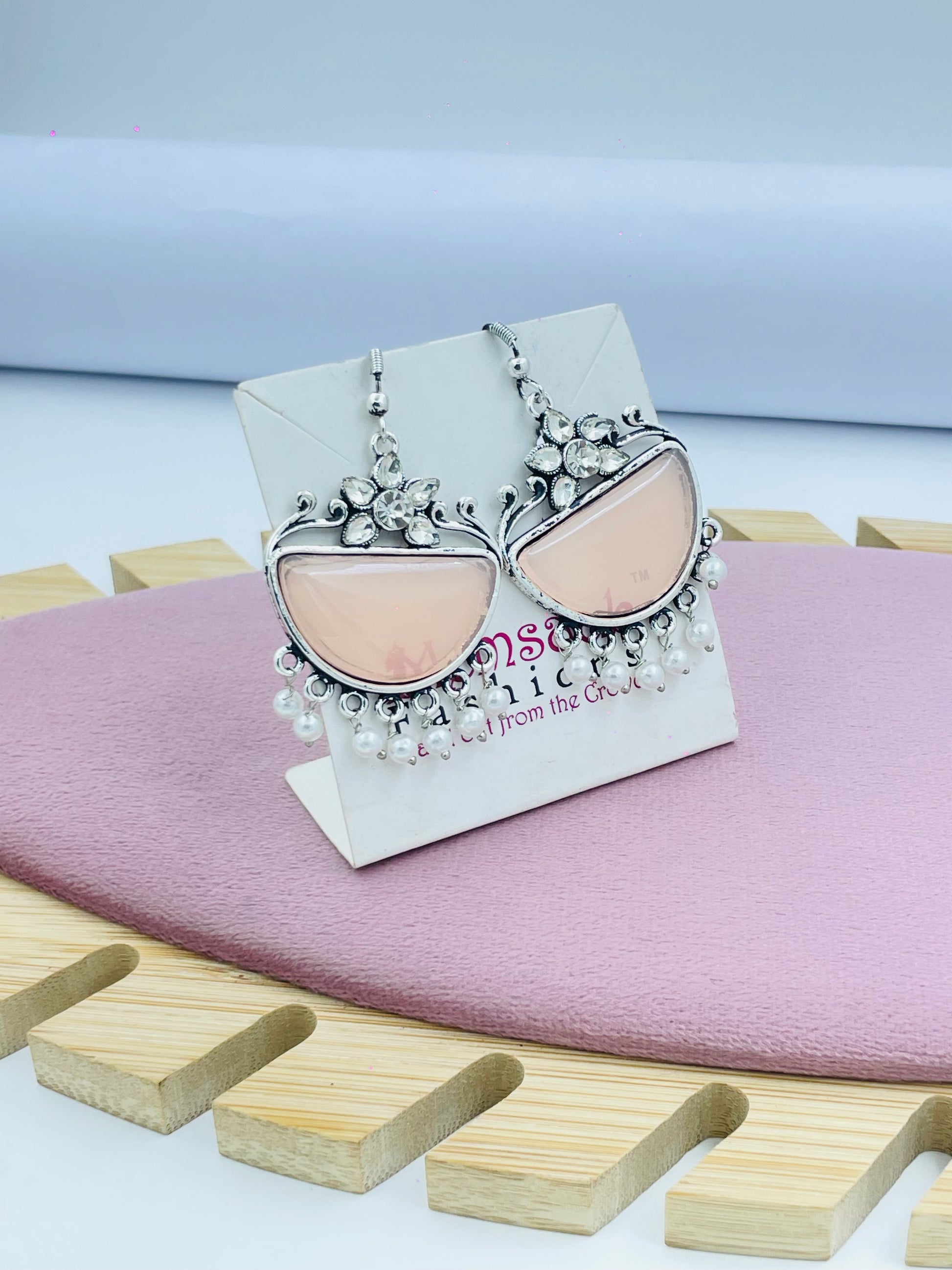 Elegant Silver and Pink HalfMoon Earrings with Pearl Accents