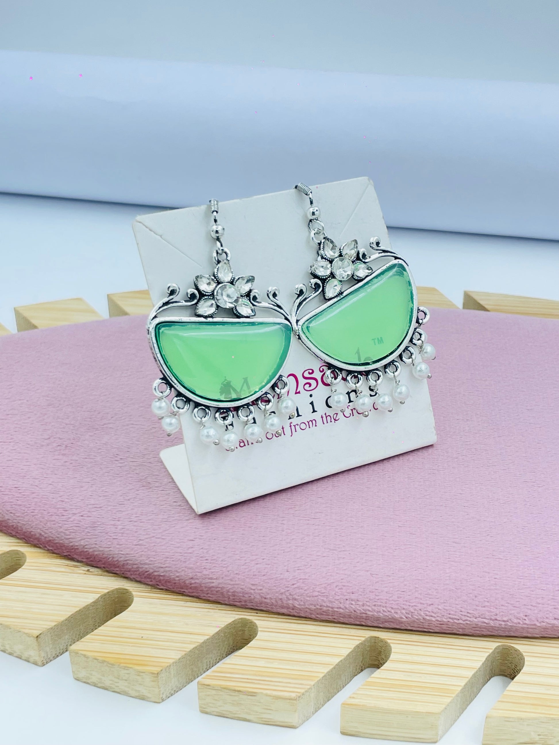 Elegant Silver and Green Mirror Ethnic Earrings