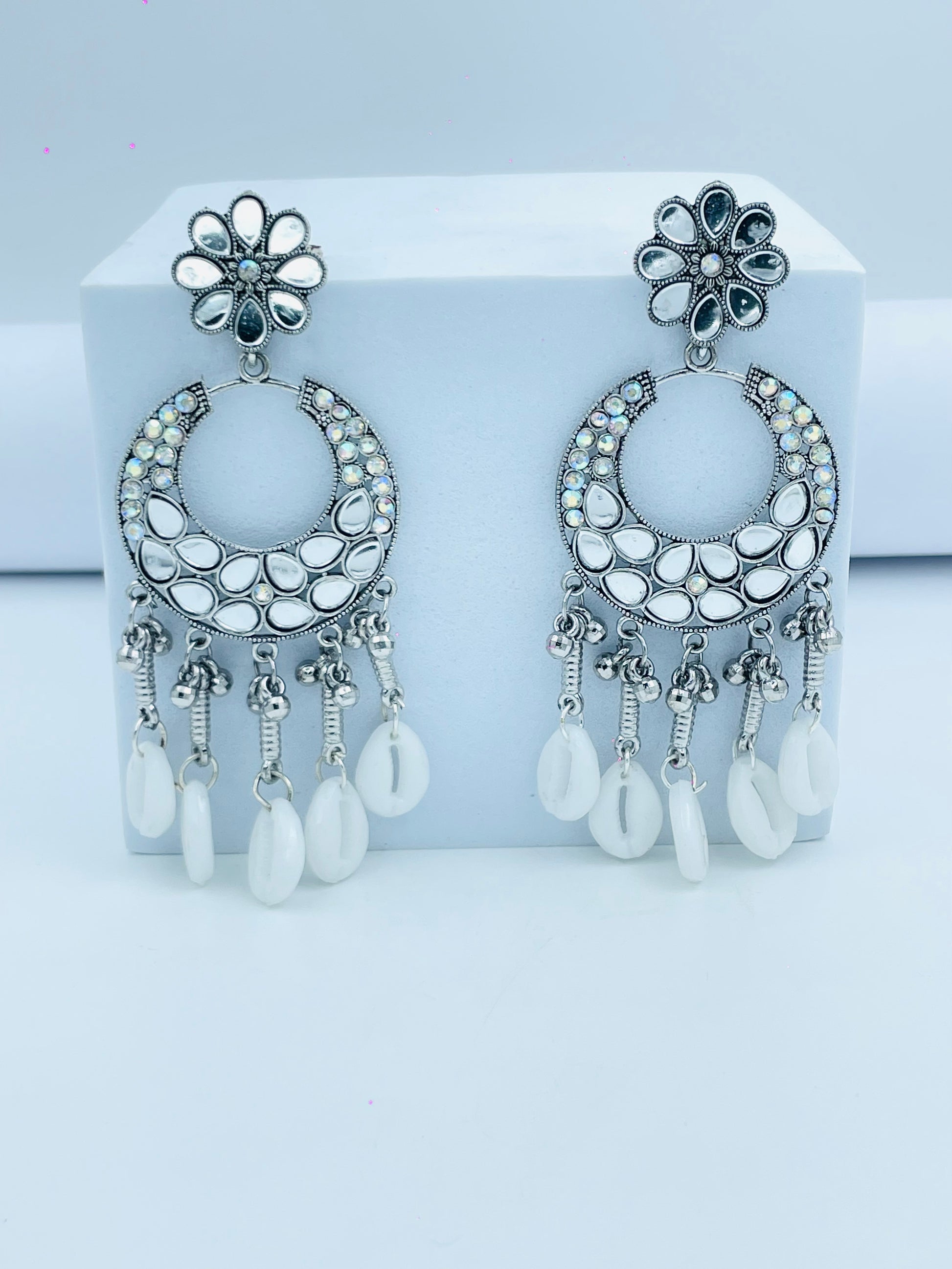 Bohemian Silver Crescent Earrings with White Beads