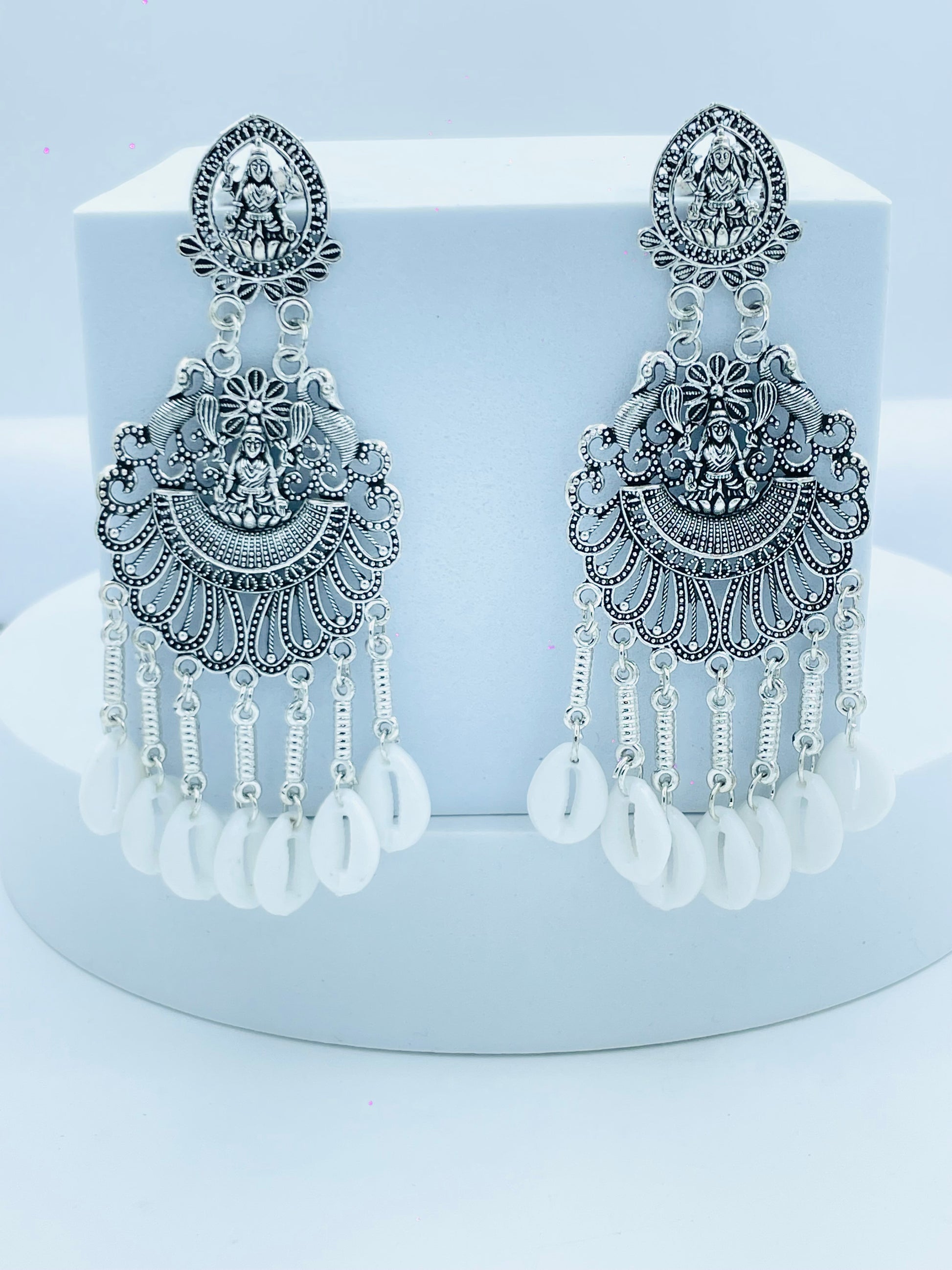 Elegant Silver Oxidized Statement Earrings with White Beads