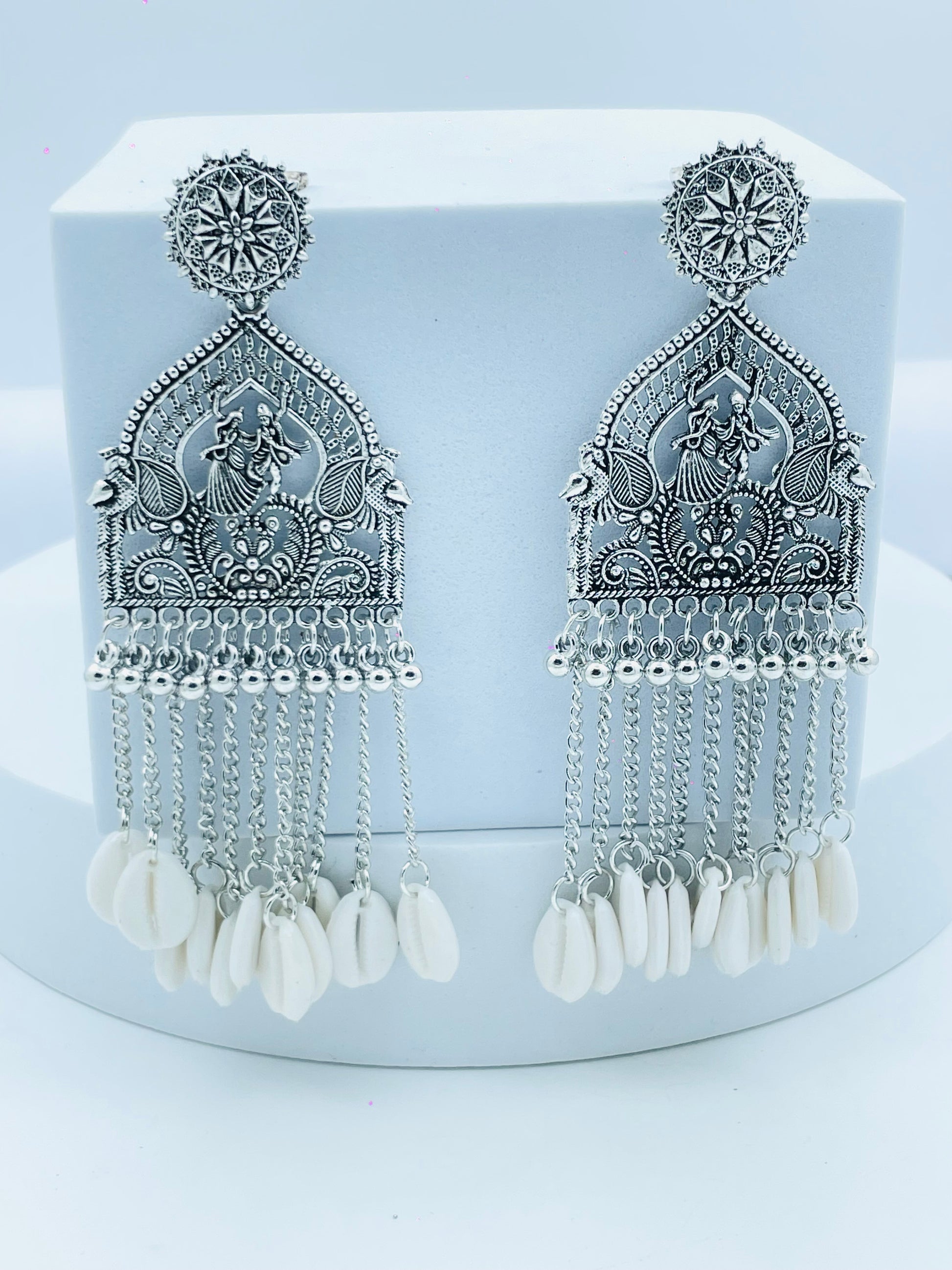 Elegant Oxidized Silver Jhumka Earrings with Cowrie Shells
