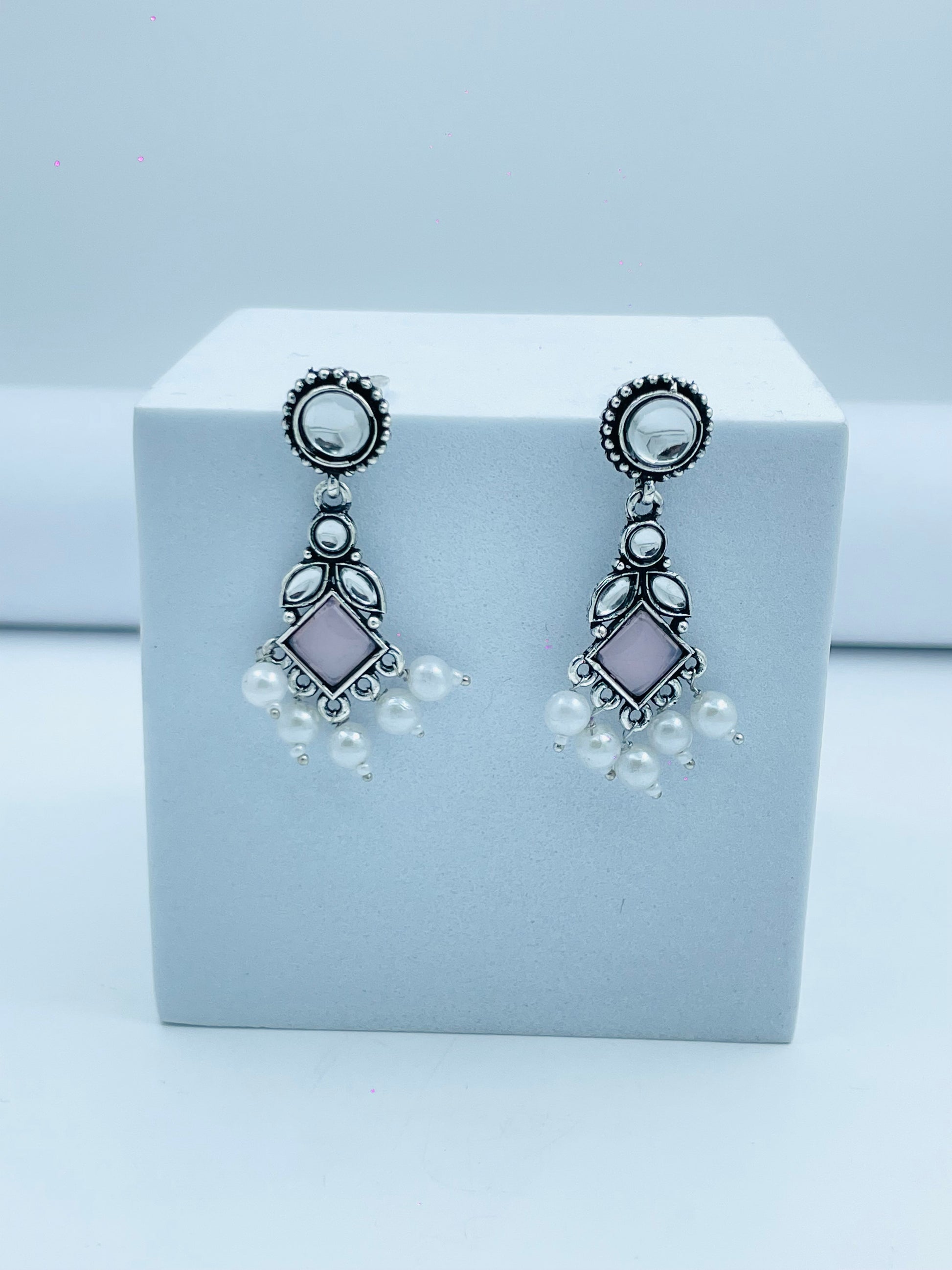 Elegant Silver Pearl Dangle Earrings with Geometric Design