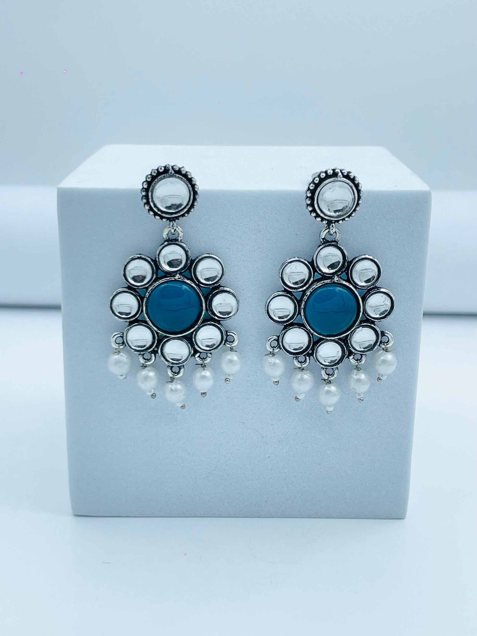 Vintage SilverTone Blue  Pearl Drop Earrings
