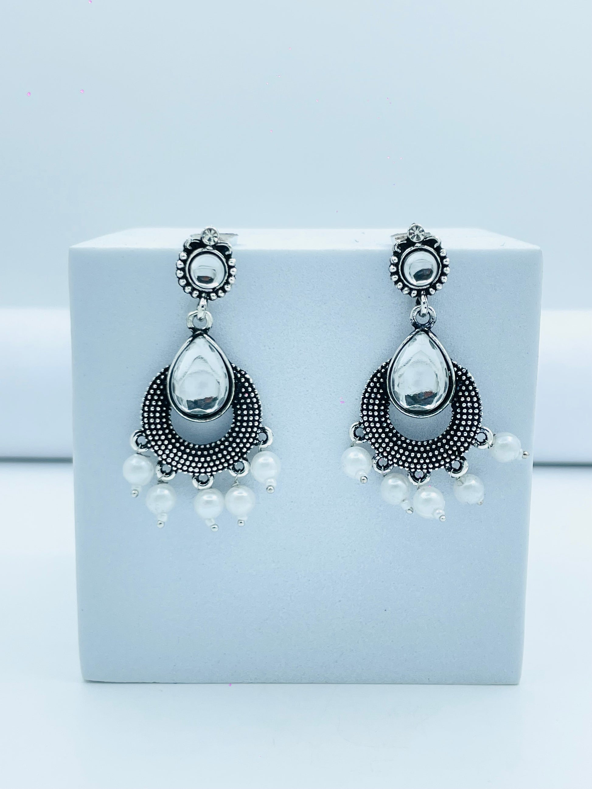 Elegant Silver Oxidized Pearl Drop Earrings