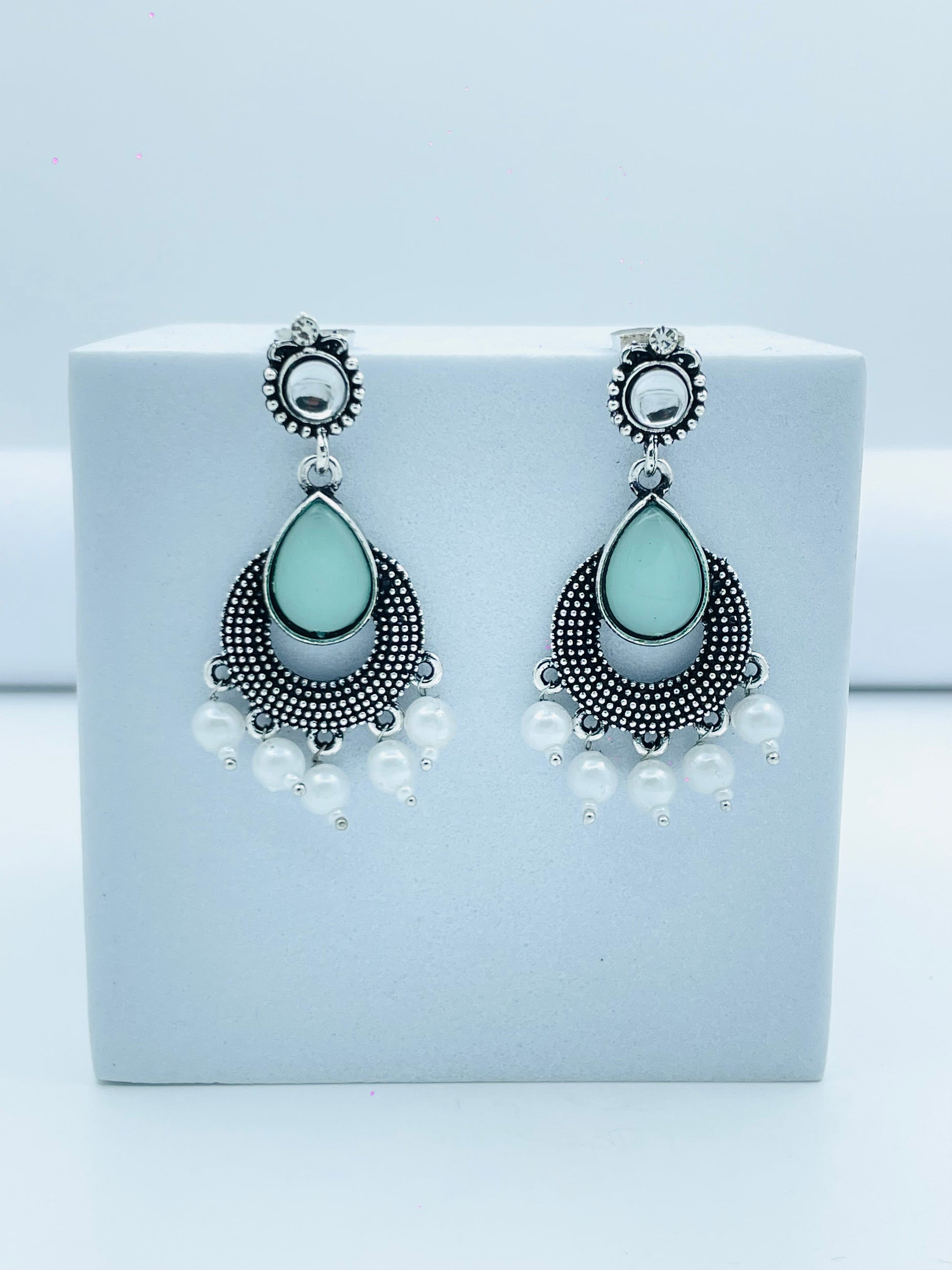 Bohemian Style Silver  Turquoise Pearl Drop Earrings