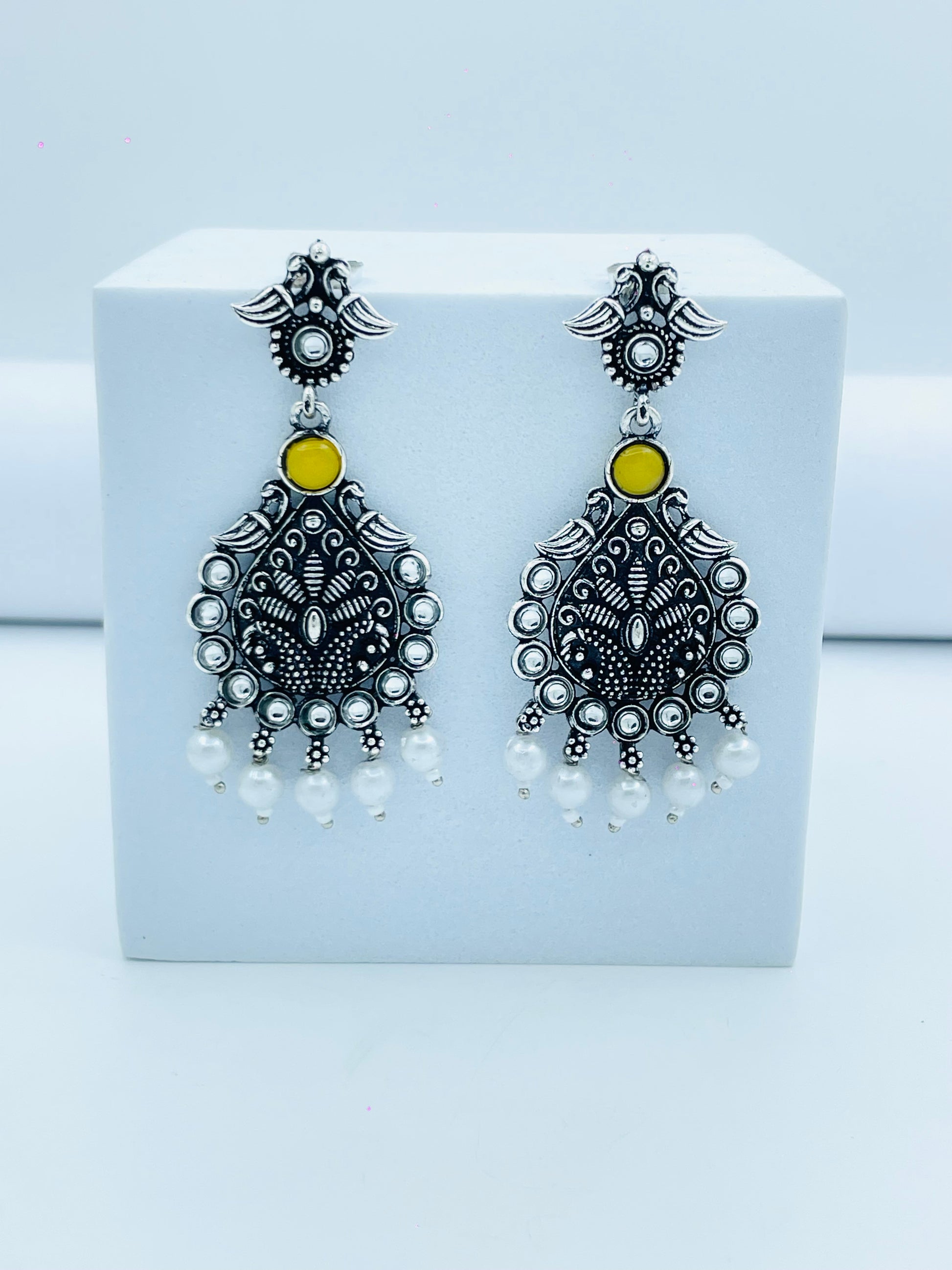 Oxidized Silver Pearl Dangle Earrings  Classic Ethnic Jewelry