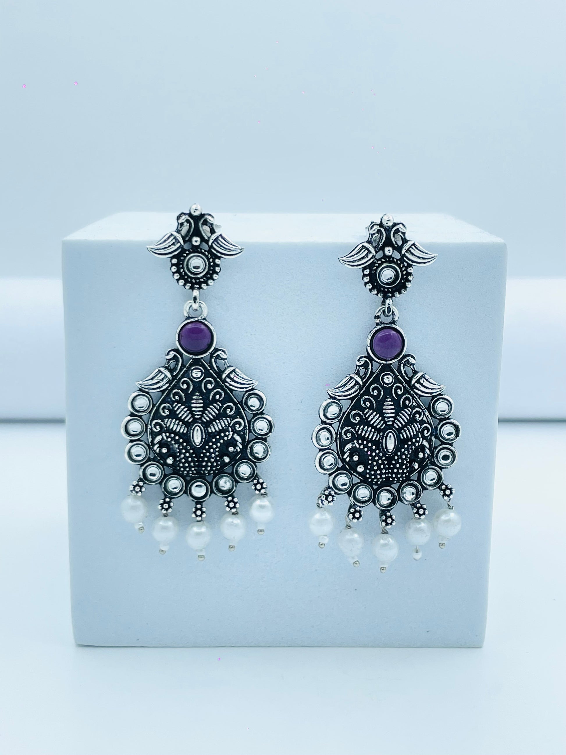 Elegant Silver Ethnic Dangle Earrings with Purple Stone