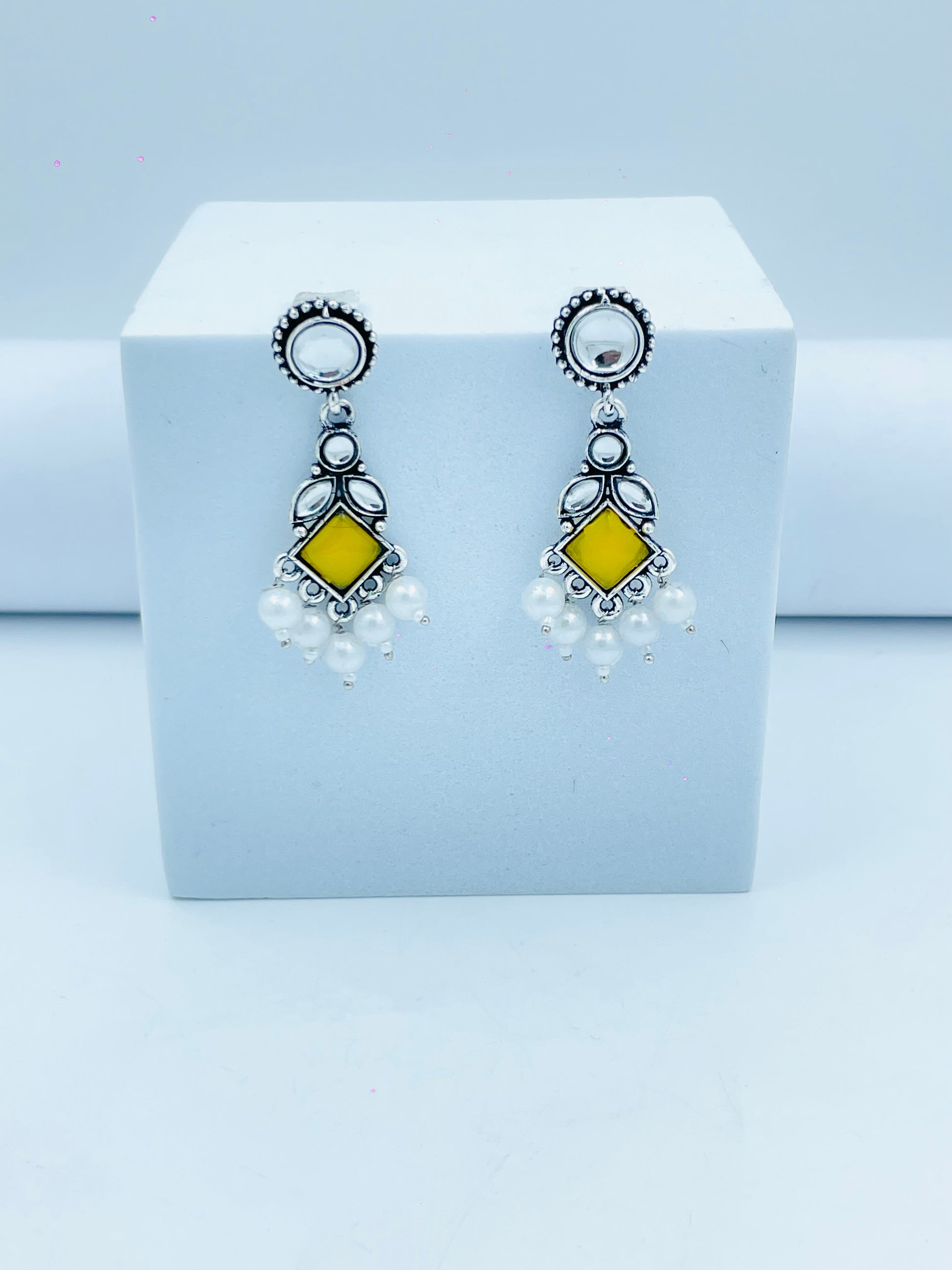 Yellow Stone Drop Earrings with Pearl Accents