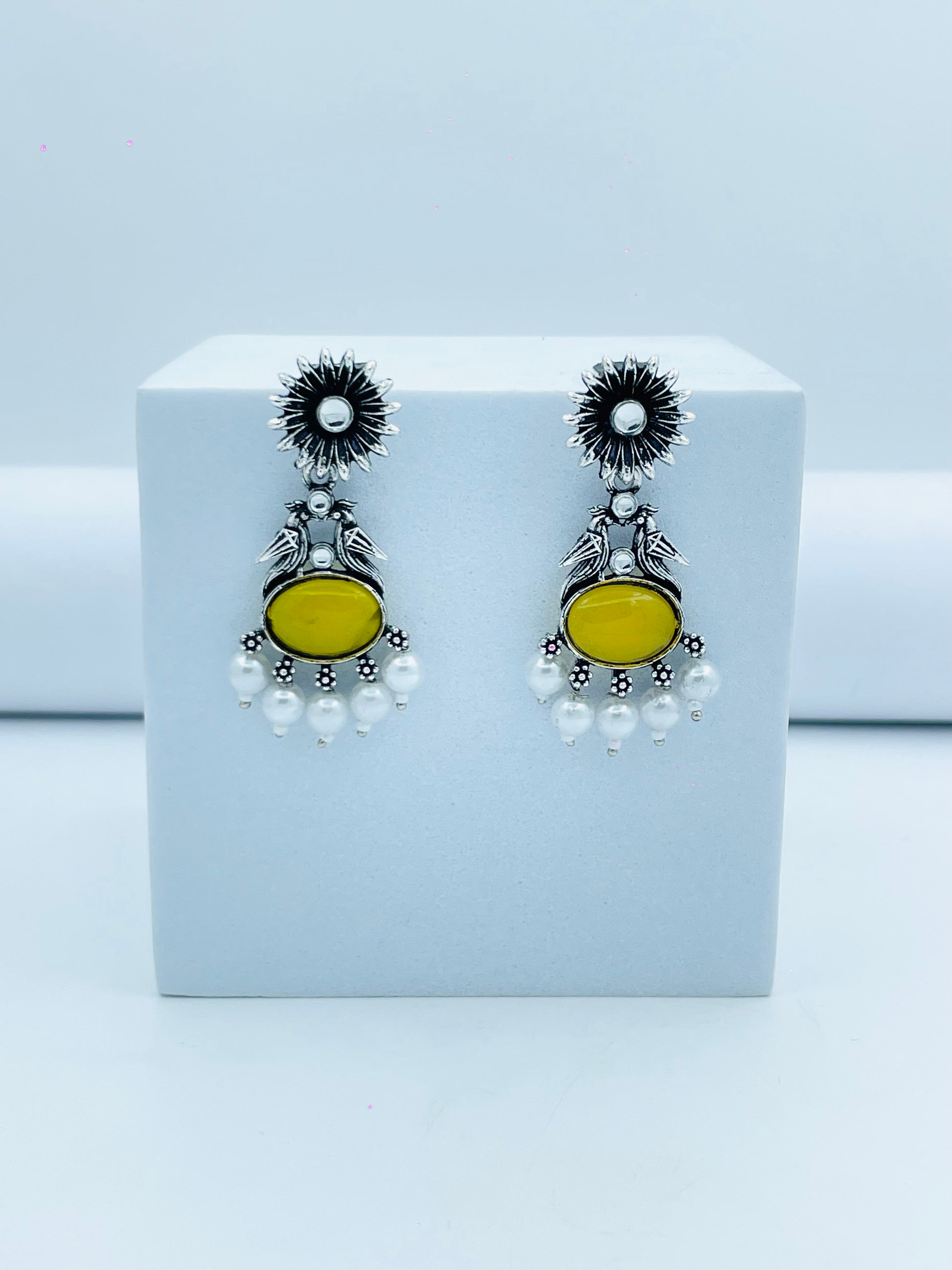 Elegant Yellow Stone and Pearl Silver Earrings