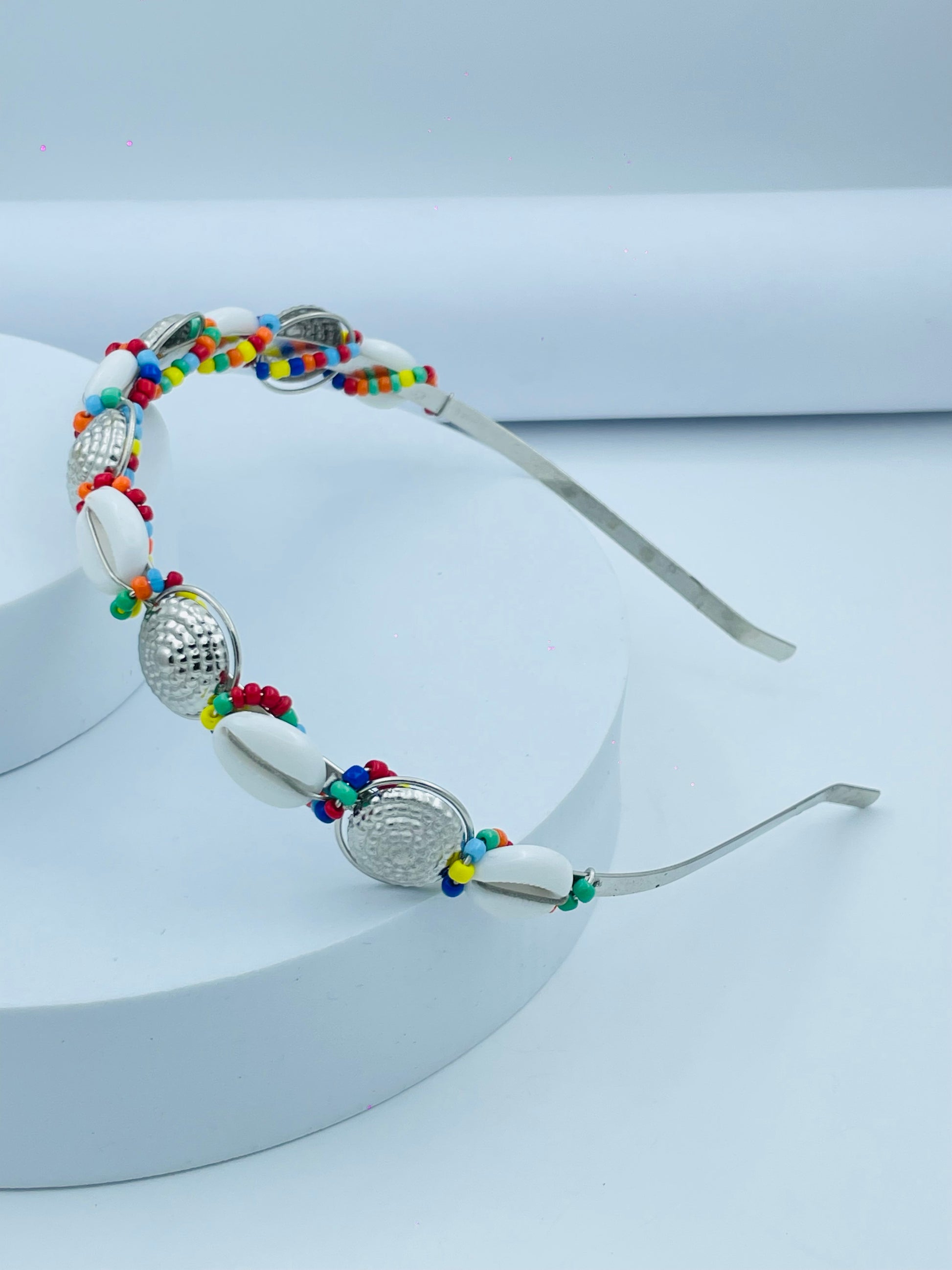 Vibrant Beaded Shell Headband with Silver Accents