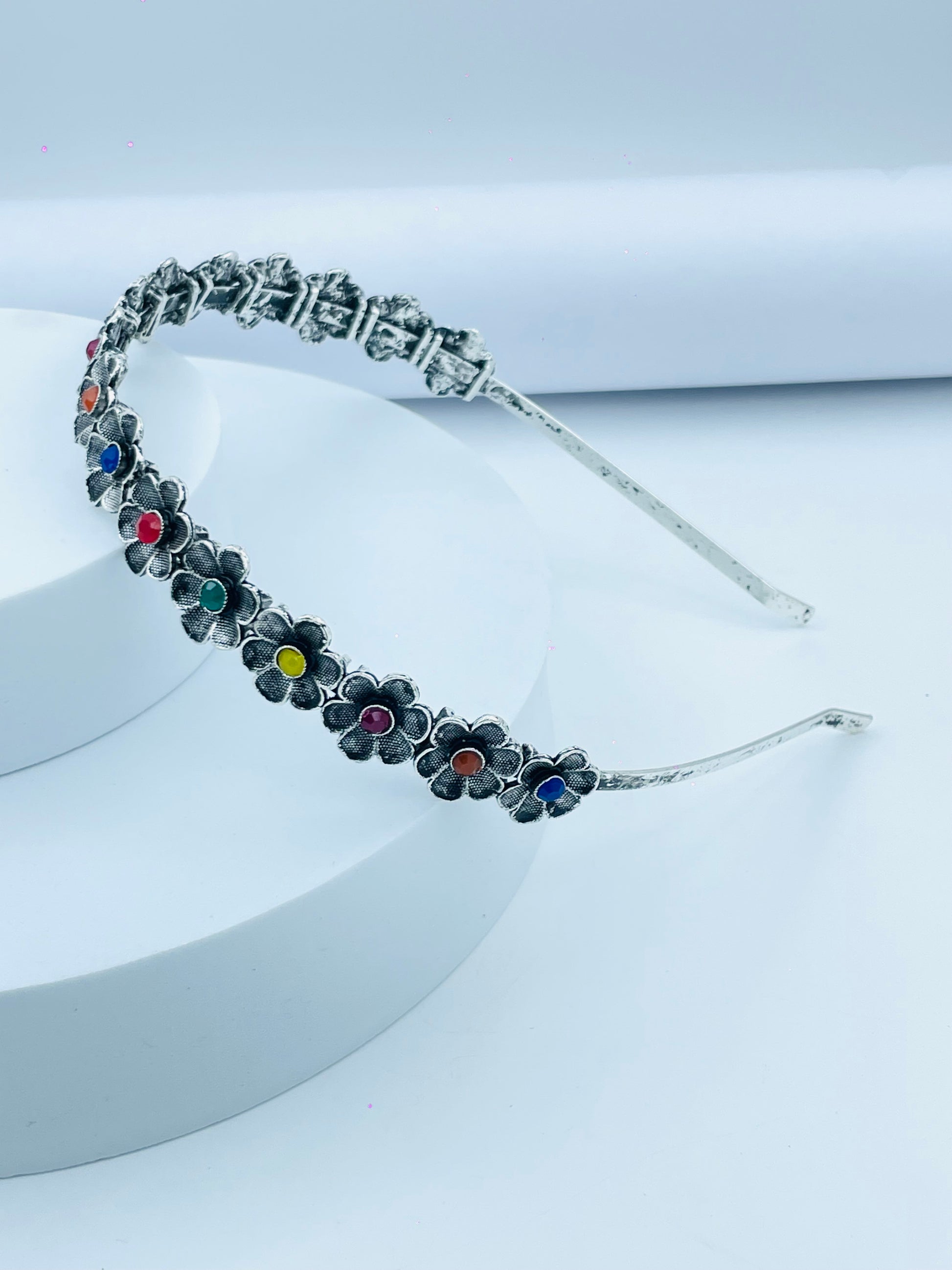 Elegant Multicolor Floral Silver Headband