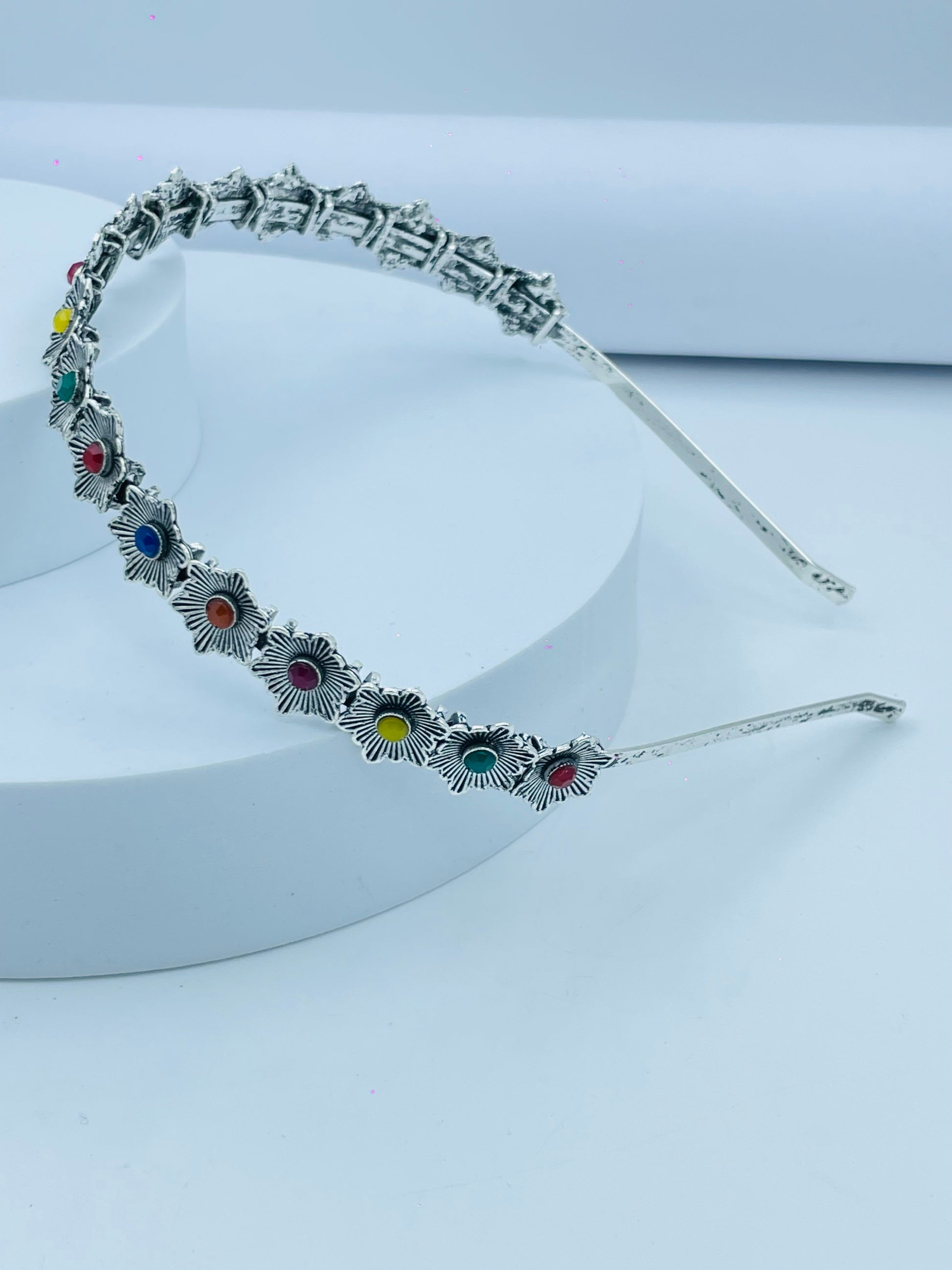 Elegant Silver Headband with Multicolor Gemstones