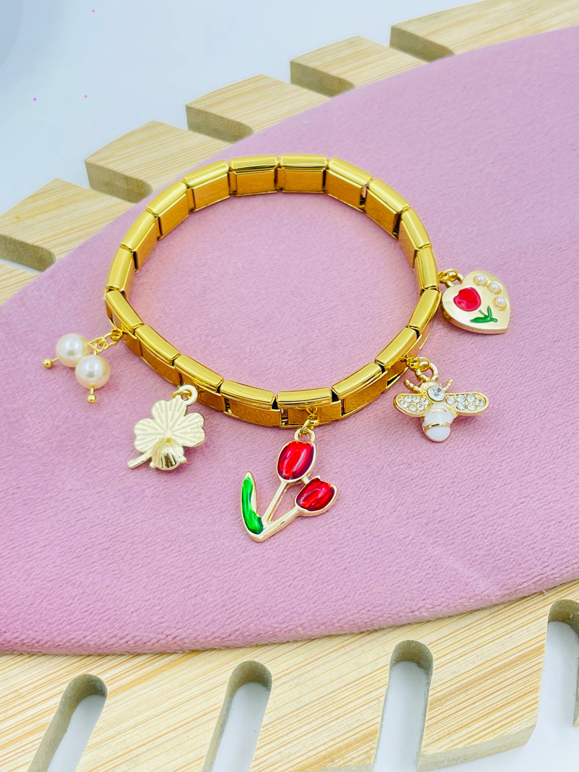 Gold Charm Bracelet with Colorful Floral Pendants