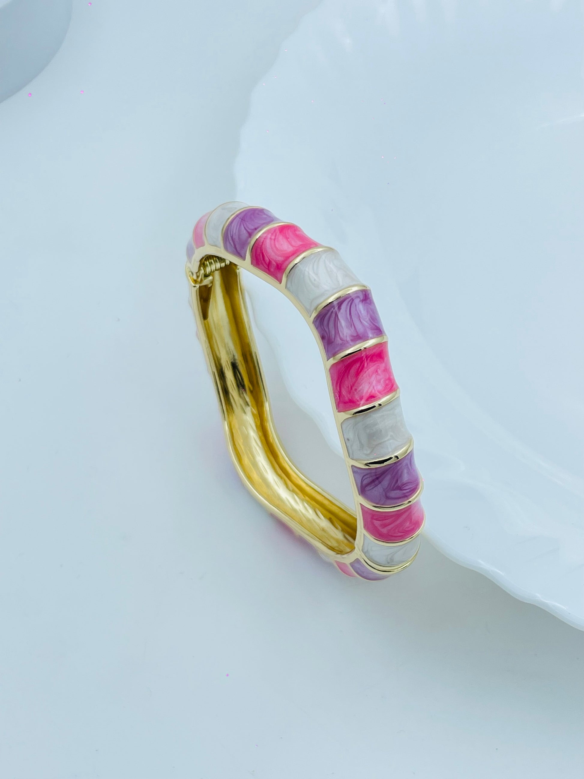 Stylish Pink  White Enamel Gold Bracelet