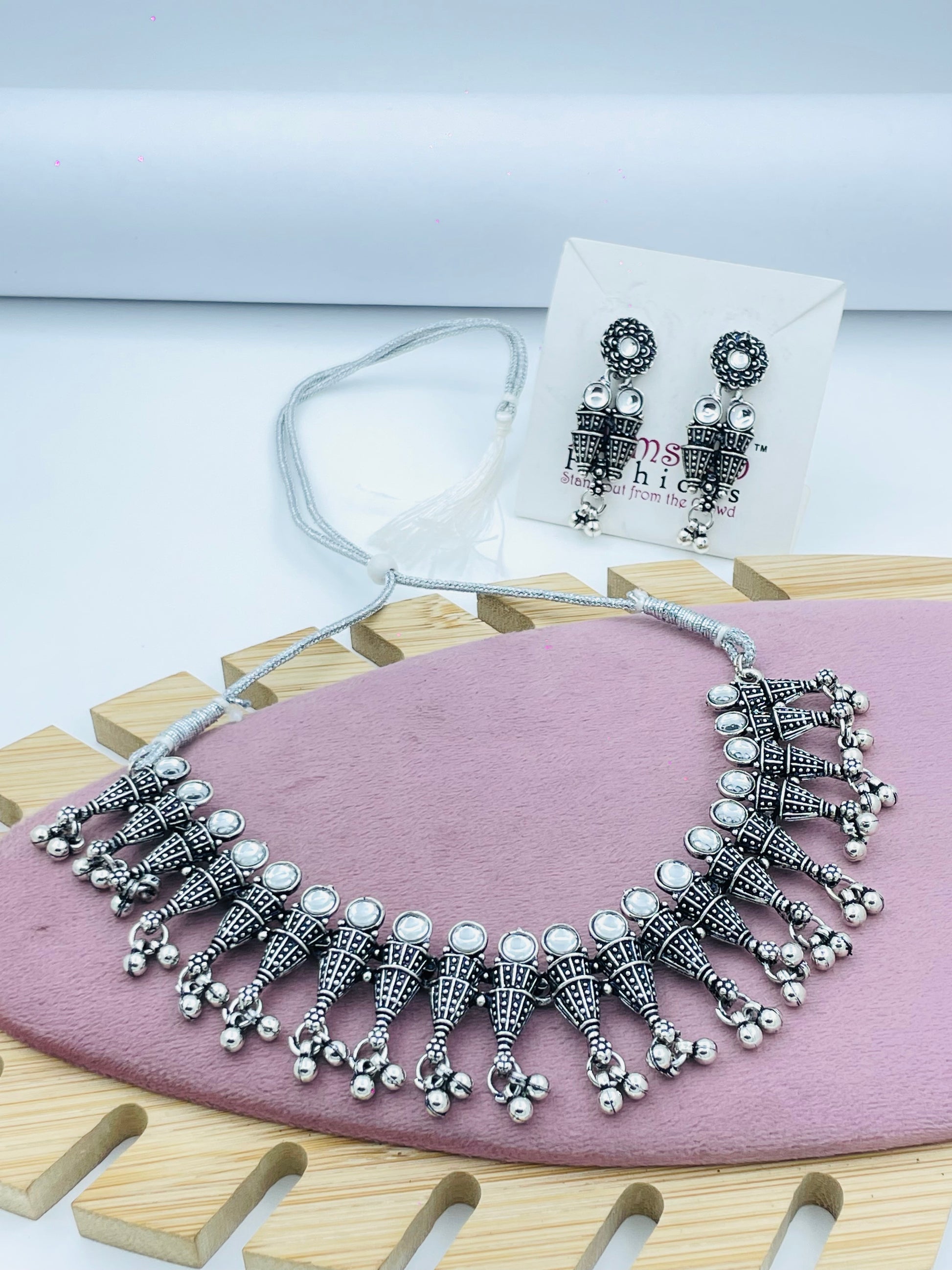 Elegant Silver Ethnic Necklace and Earring Set
