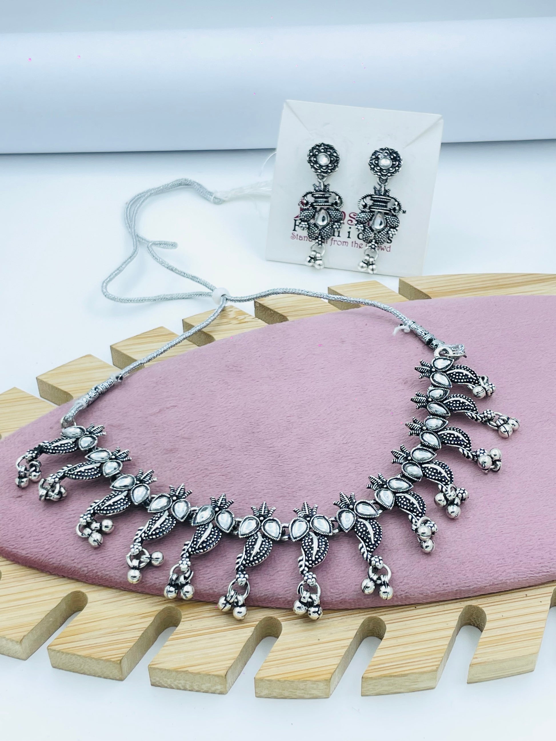 Antique Silver Oxidized Necklace Set with Earrings