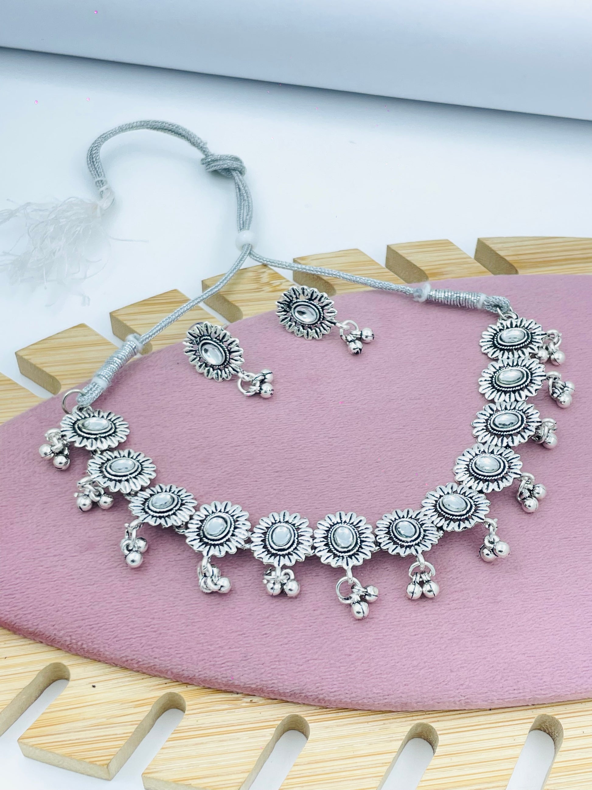 Oxidized Silver Sunflower Necklace Set with Earrings
