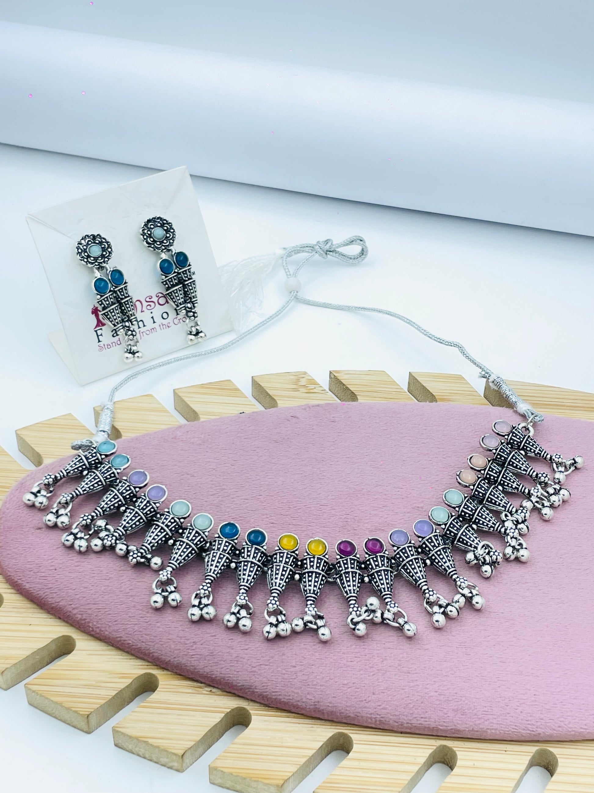 Colorful Silver Jhumka Necklace and Earring Set