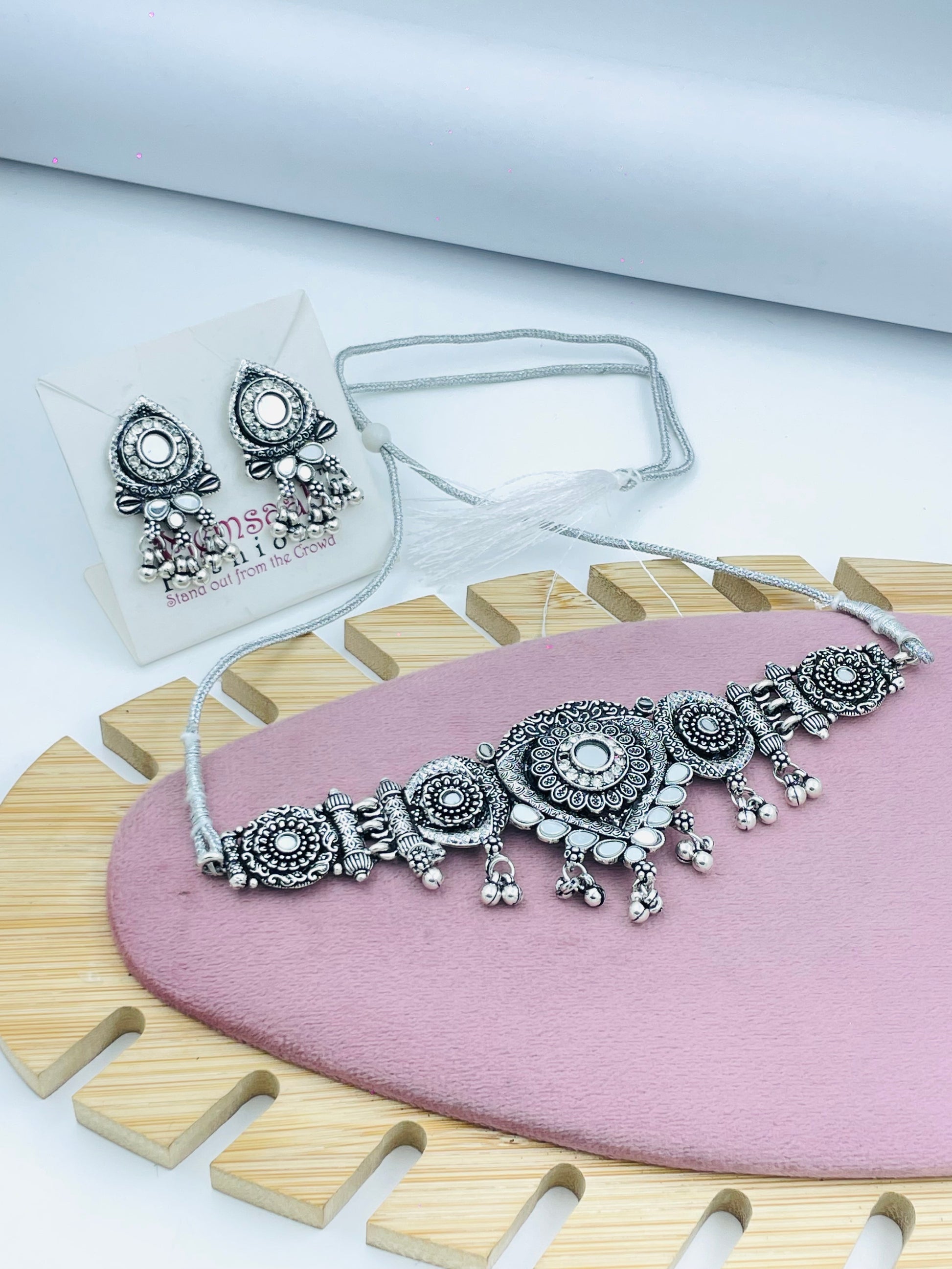 Elegant Oxidized Silver Necklace and Earrings Set