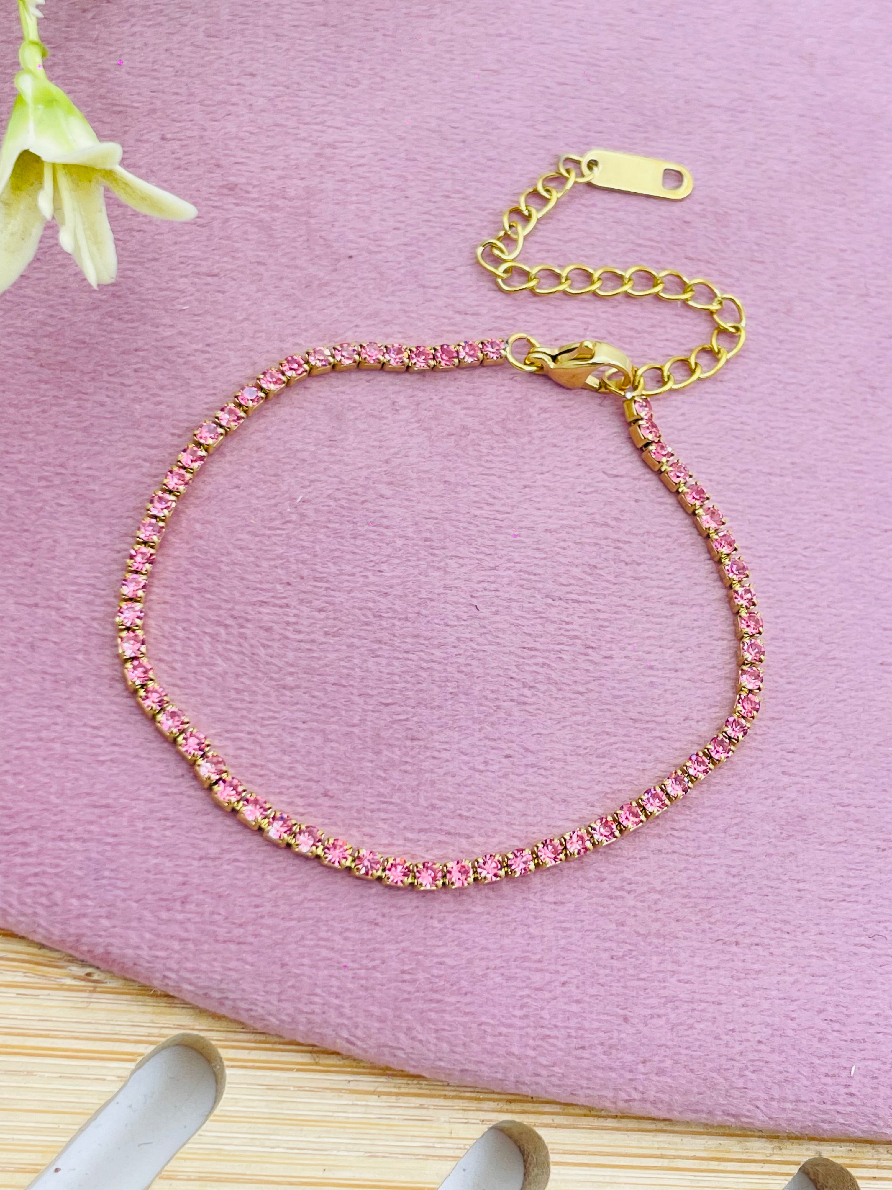 Elegant Pink Rhinestone Gold Chain Bracelet – Memsaab Fashions