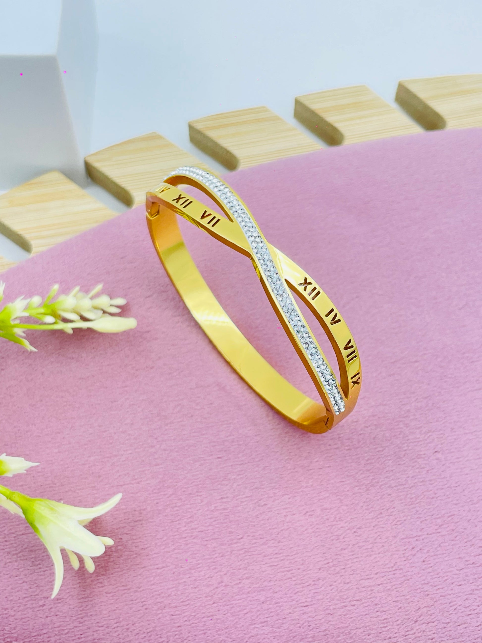 Elegant Roman Numeral Gold Bangle with Crystal Accents