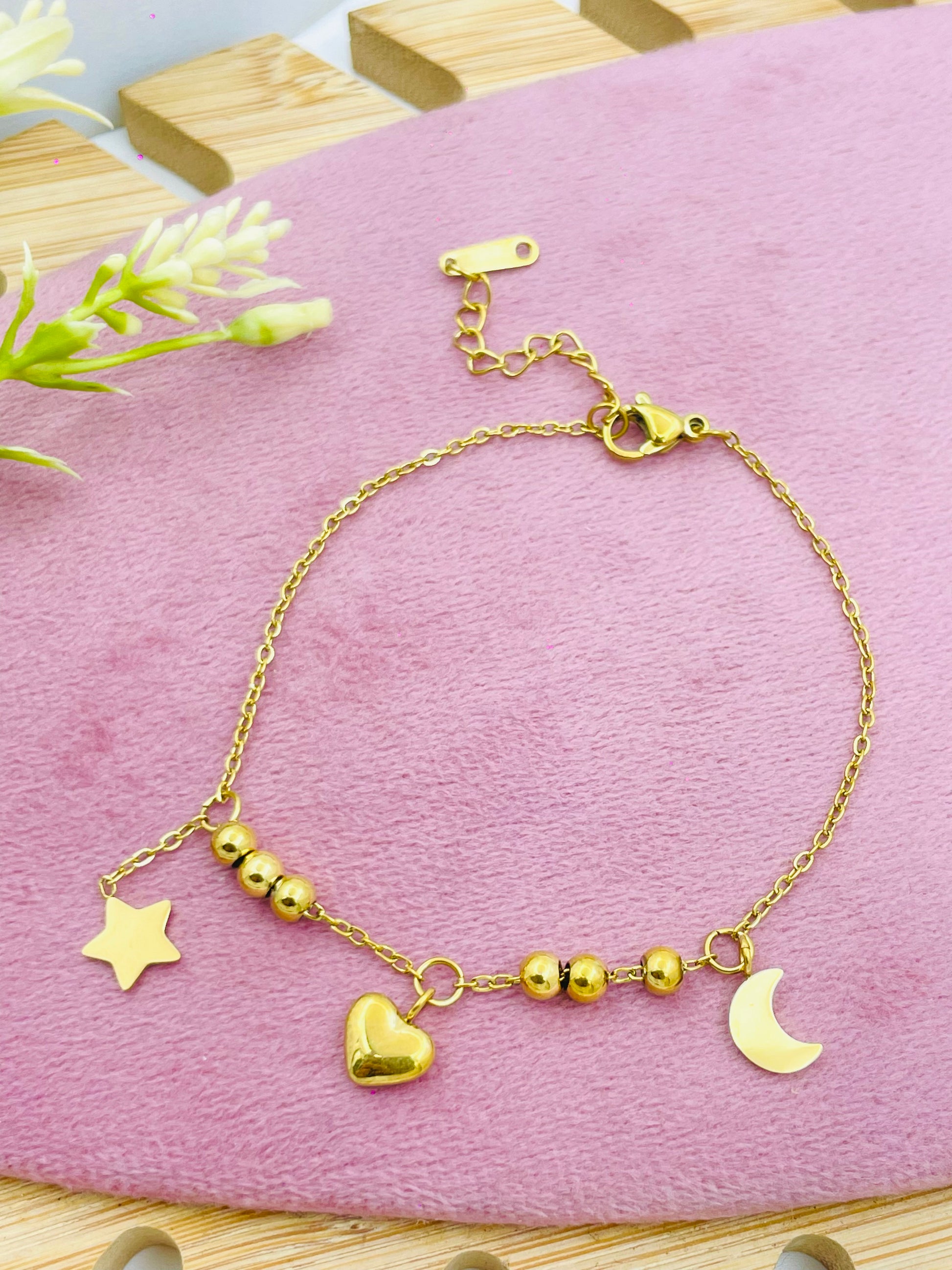 Elegant Gold Charm Bracelet with Heart Star and Moon