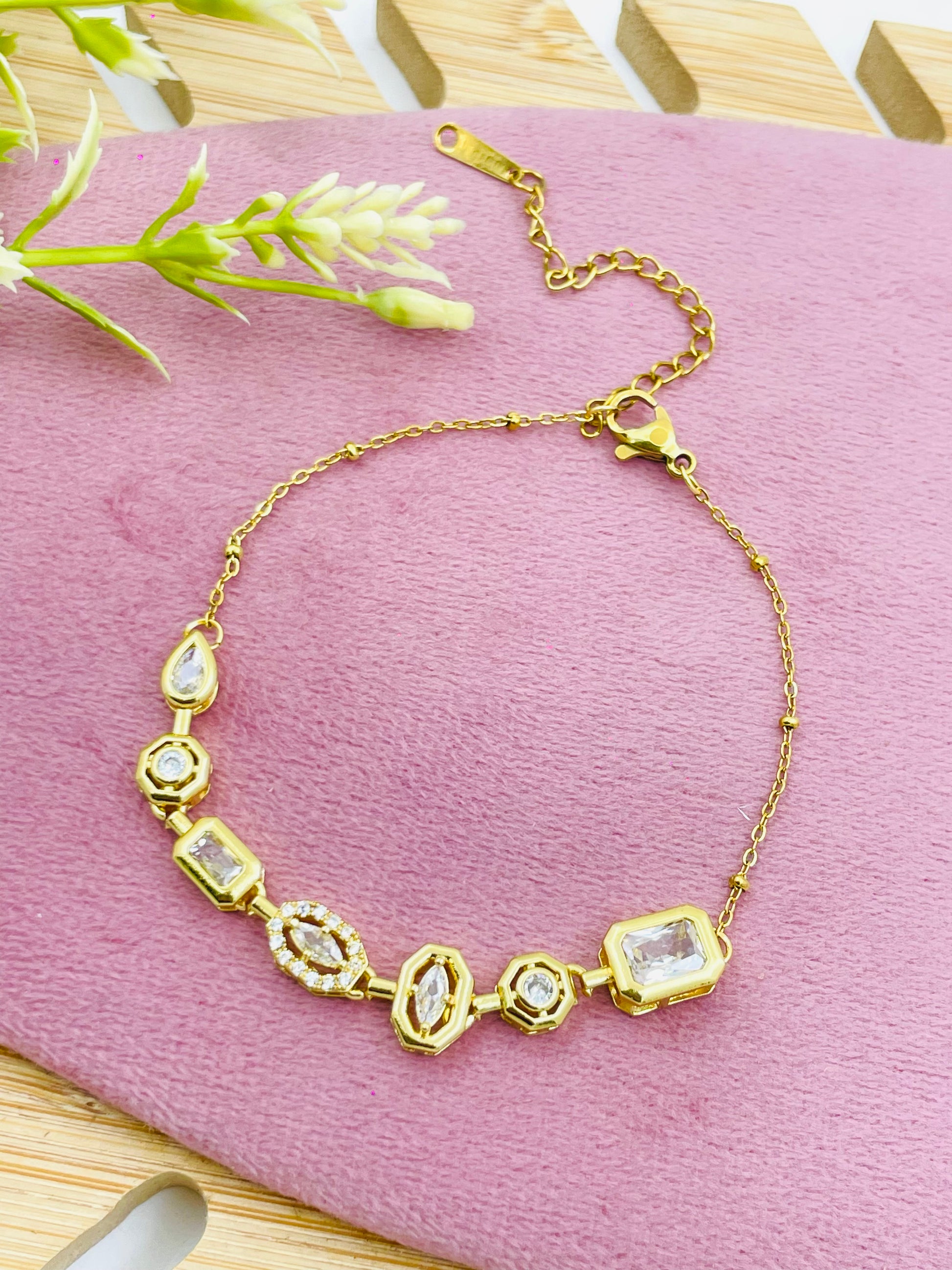 Stylish GoldPlated Geometric Bracelet with Crystals