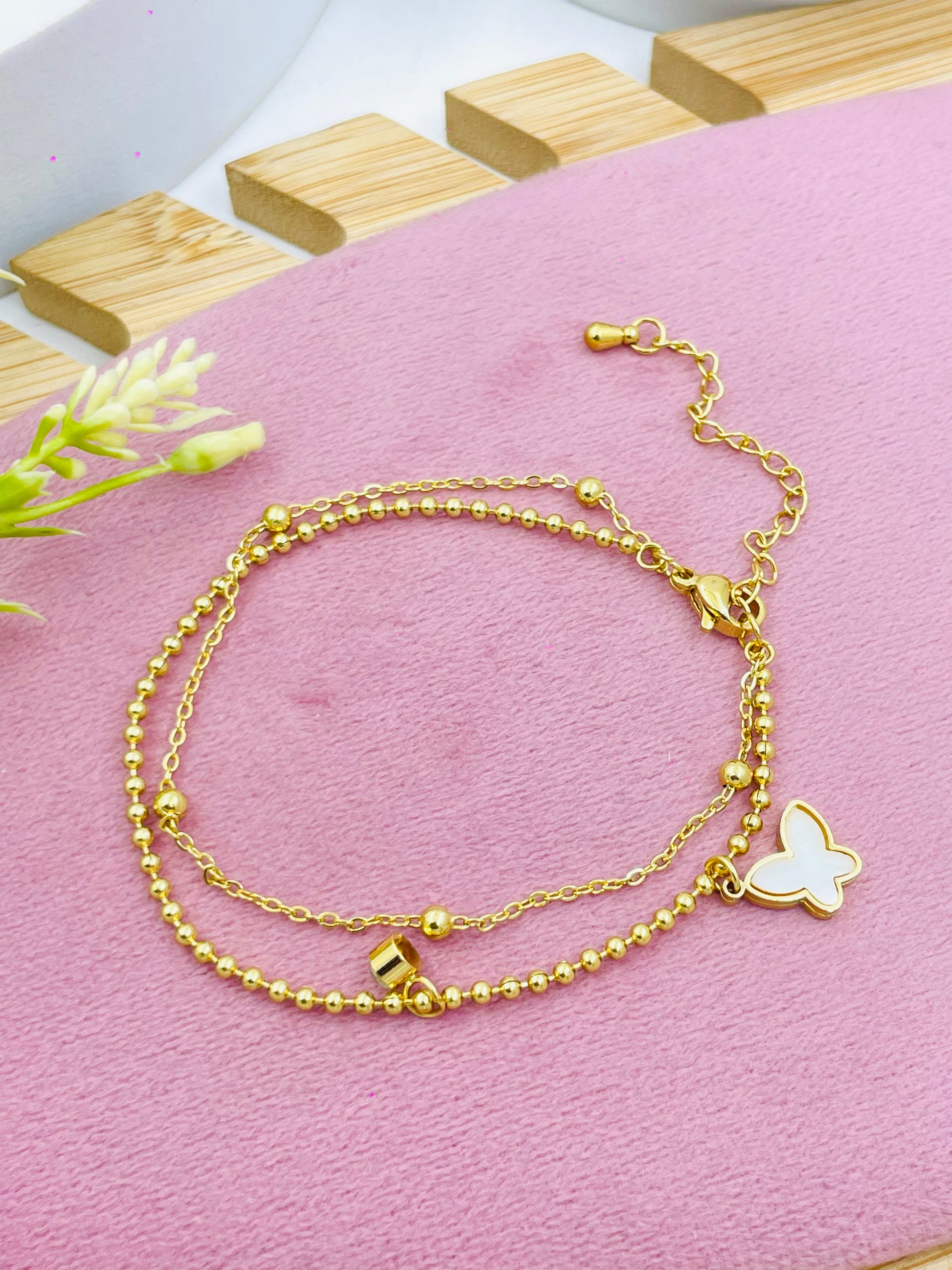 Gold Butterfly Charm Double Strand Bracelet  Elegant Jewelry
