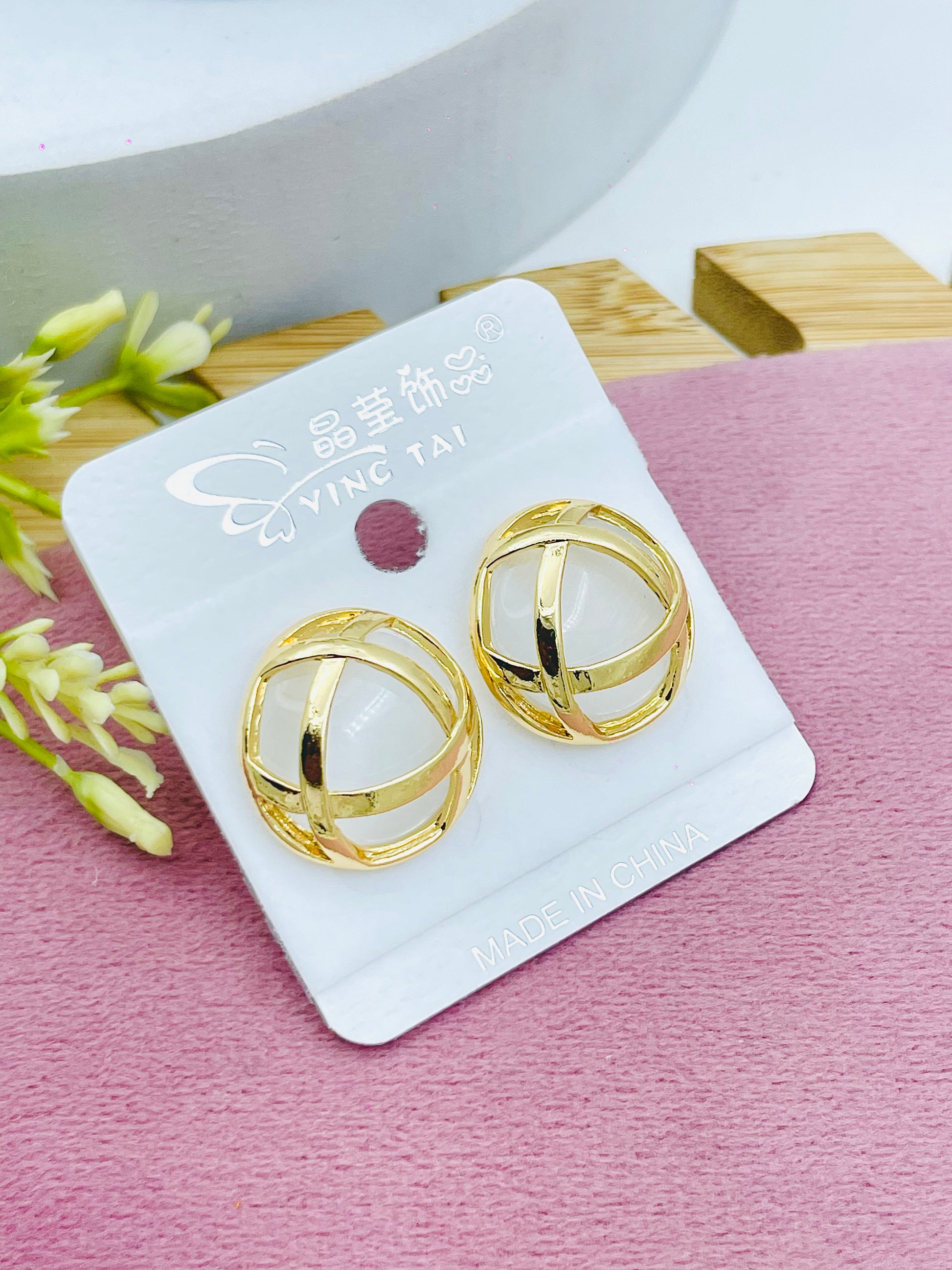 Elegant Gold and White Dome Earrings
