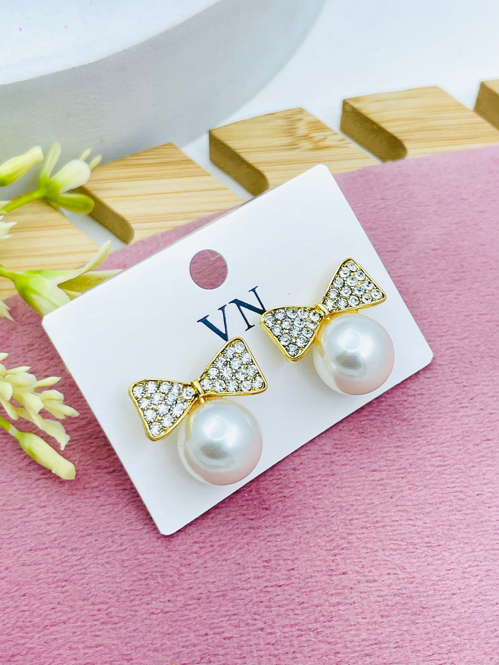 Elegant Bow Pearl Drop Earrings with Diamond Accents