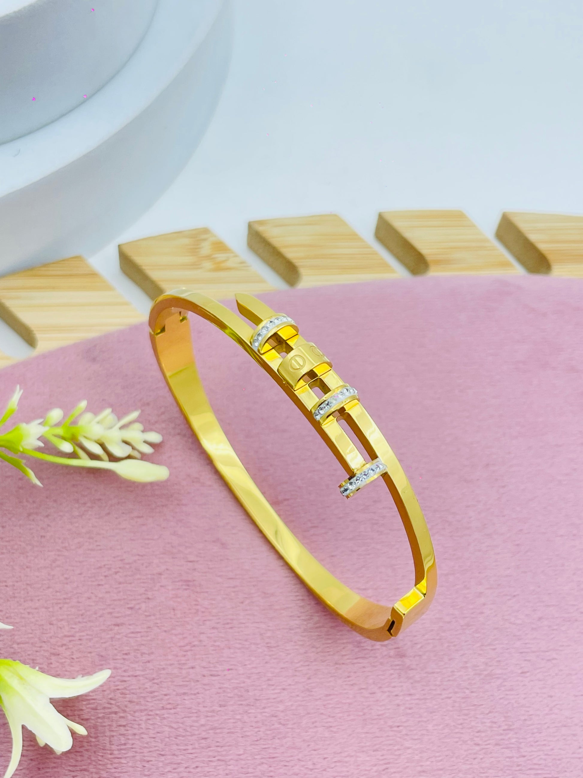 Elegant Gold Plated Stainless Steel Bangle with Crystal Accents