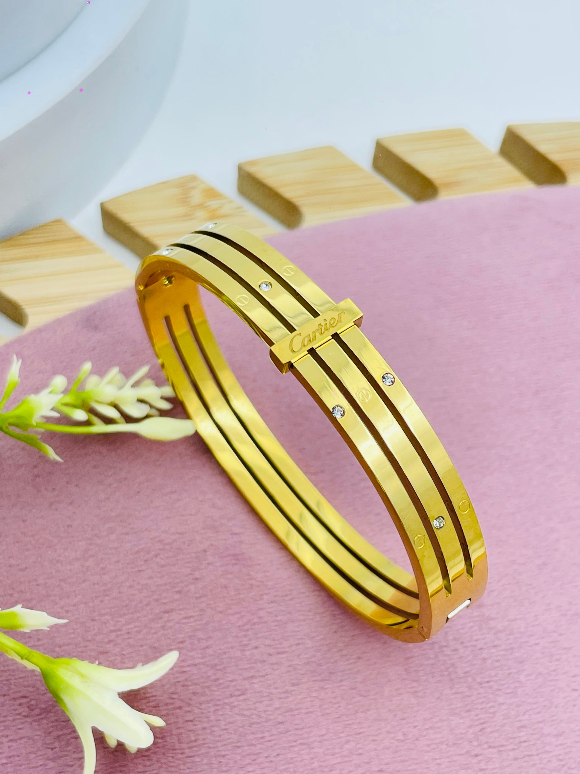 Gold Triple-Line Bracelet with CZ Stones – Luxury Inspired Bangle for Women