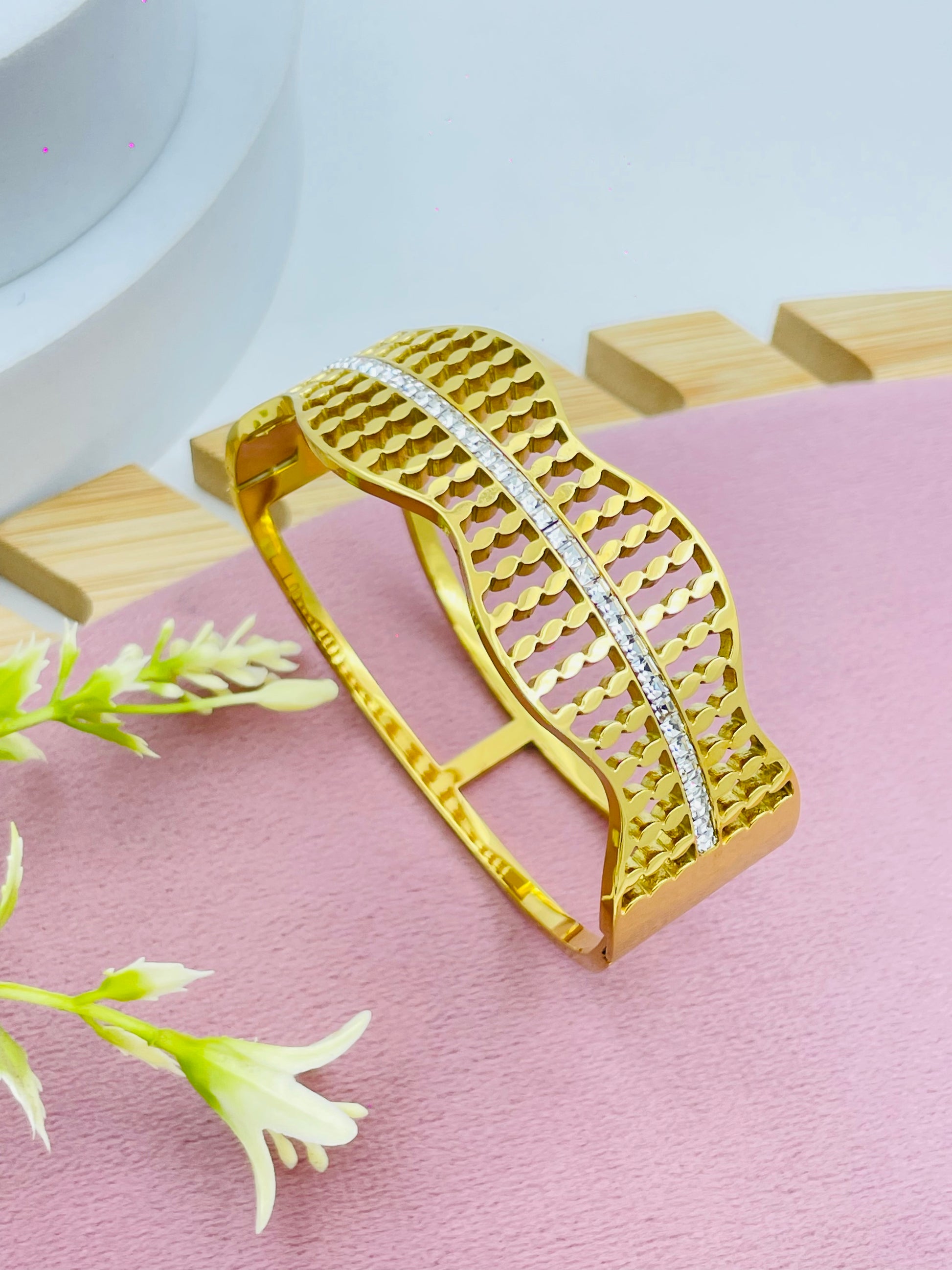 Elegant Gold Plated Openwork Cuff Bracelet with Rhinestones