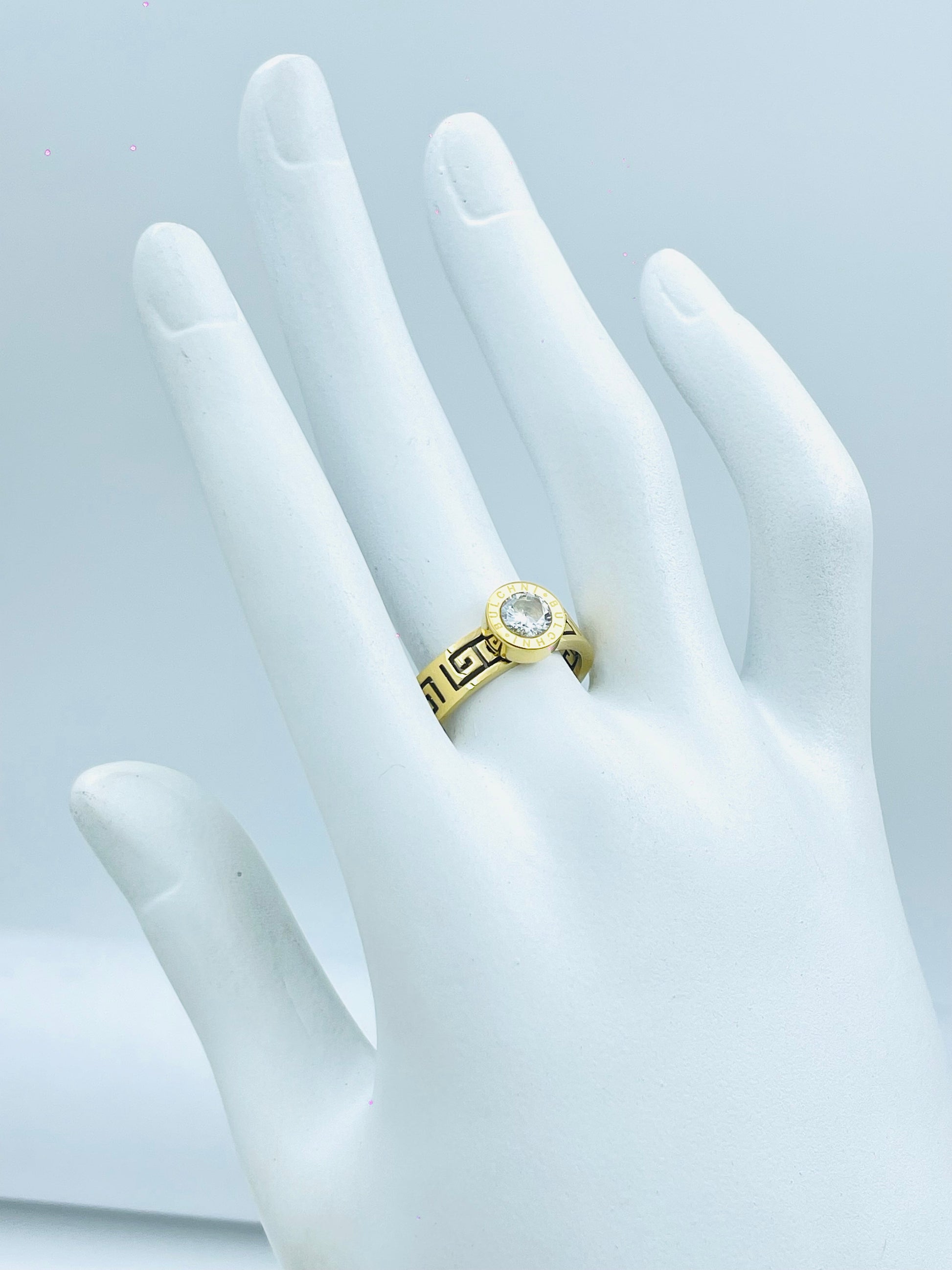 Gold Solitaire Ring with Greek Key Design  Elegant Jewelry