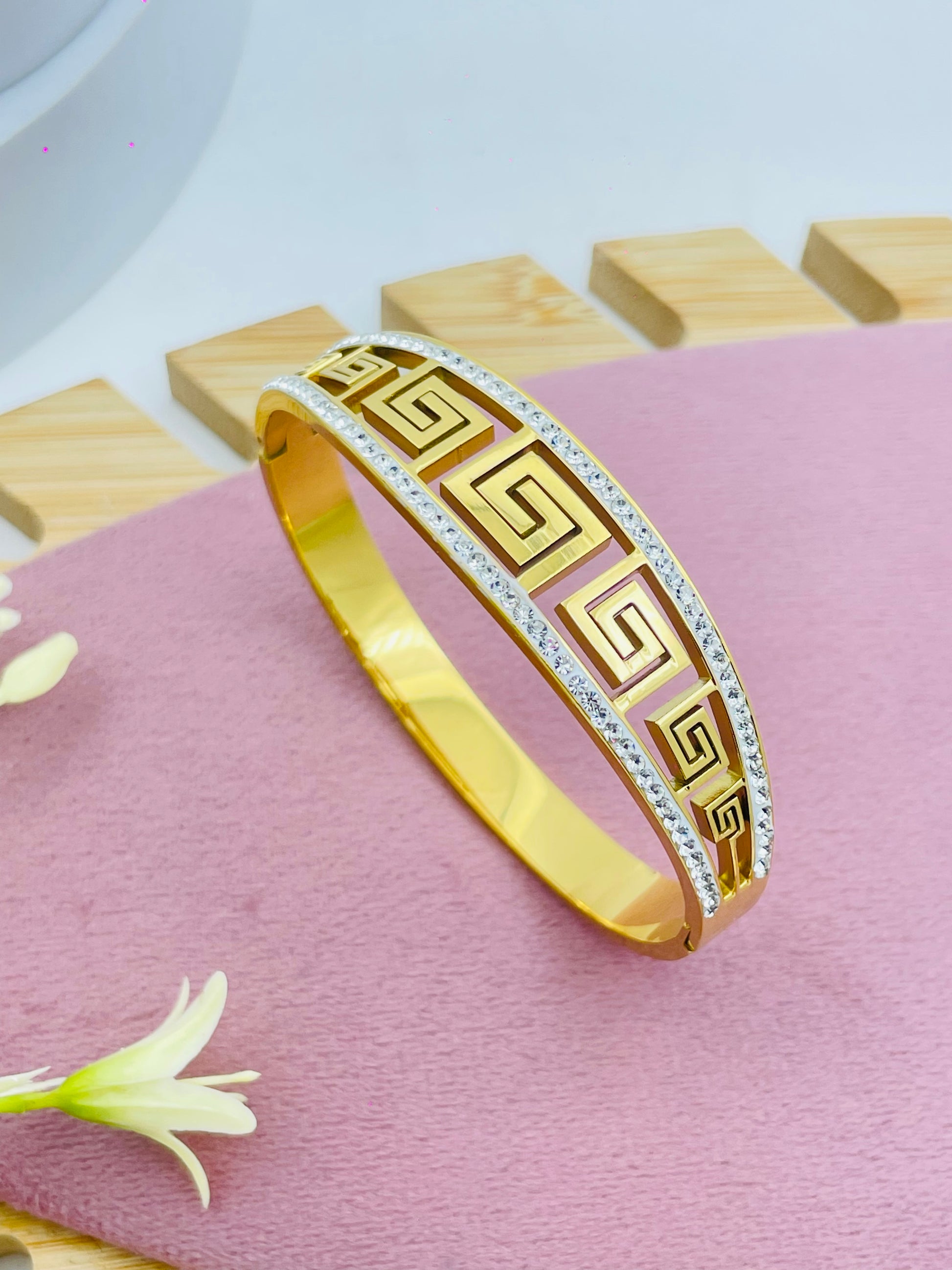 Elegant Greek Key Gold Bangle with Diamond Accents