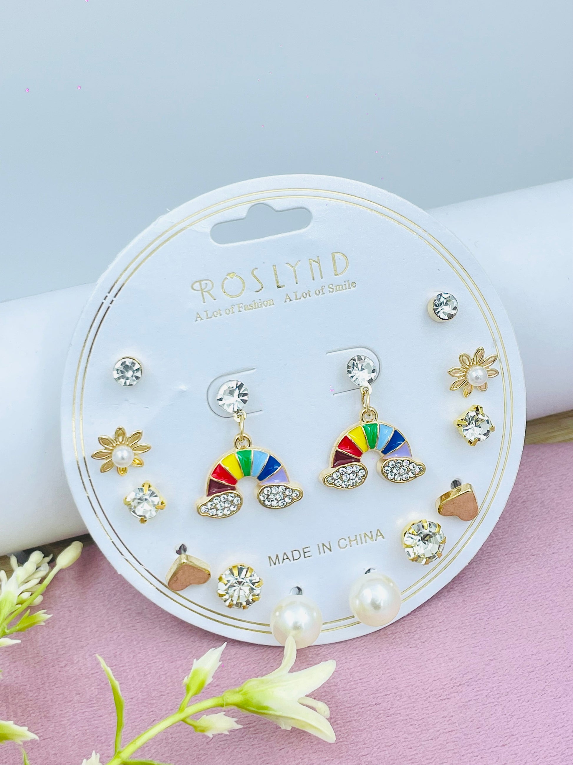 Rainbow and Gemstone Earring Set  Stylish and Colorful