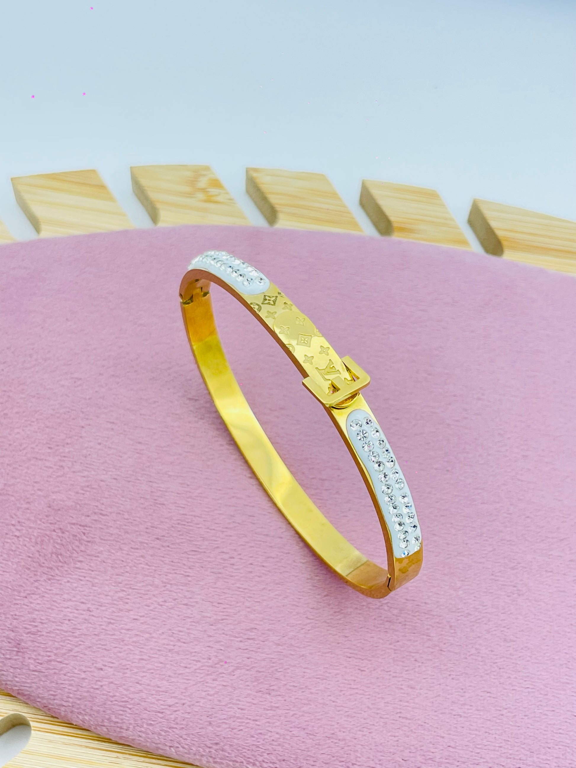 Buy Engraved Gold Bangle with Crystal Detailing | Elegant Jewelry