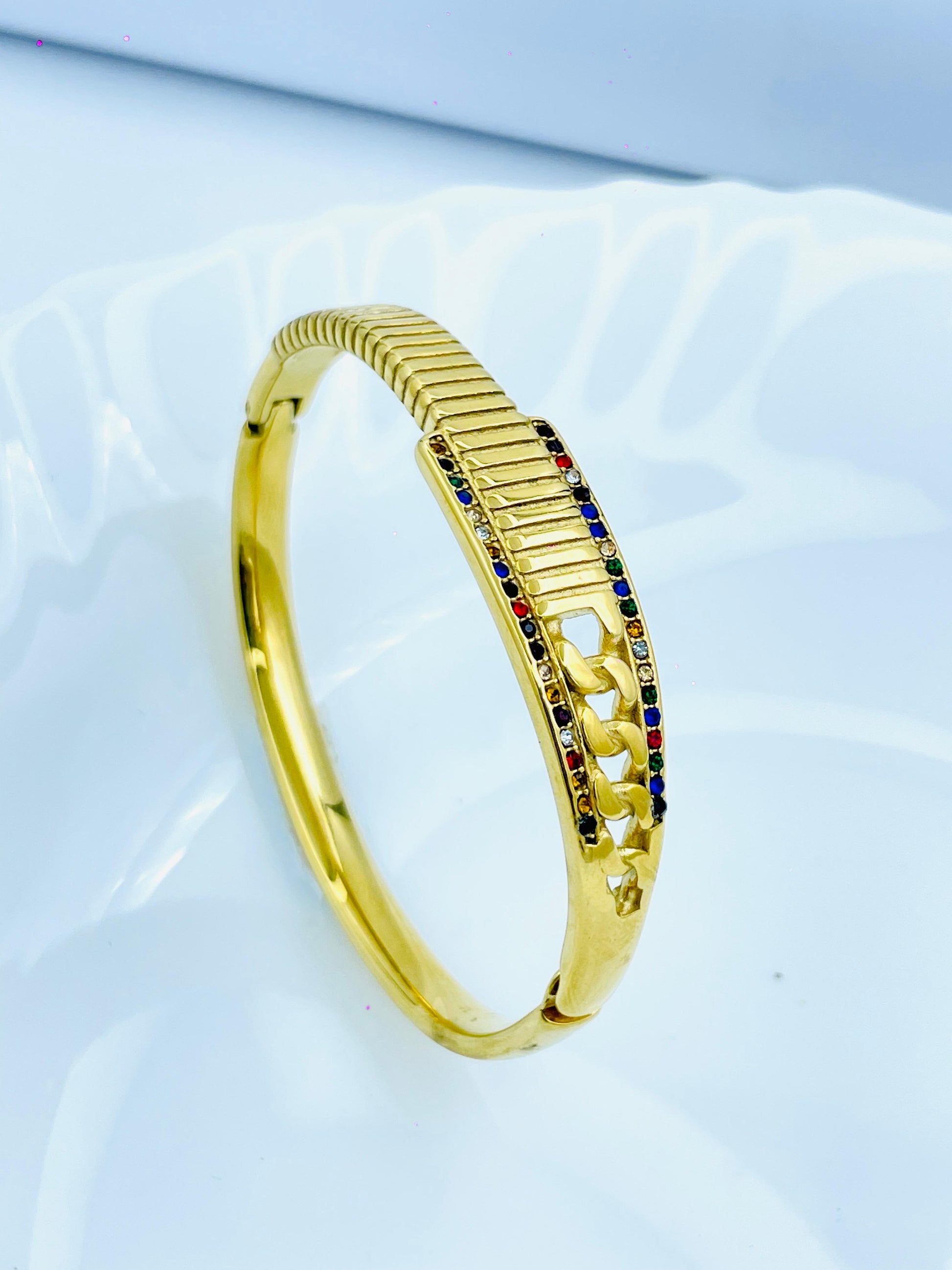 Anti-Tarnish Gold Kada Bracelet with Multicolor Stone Detailing – Stylish & Long-Lasting