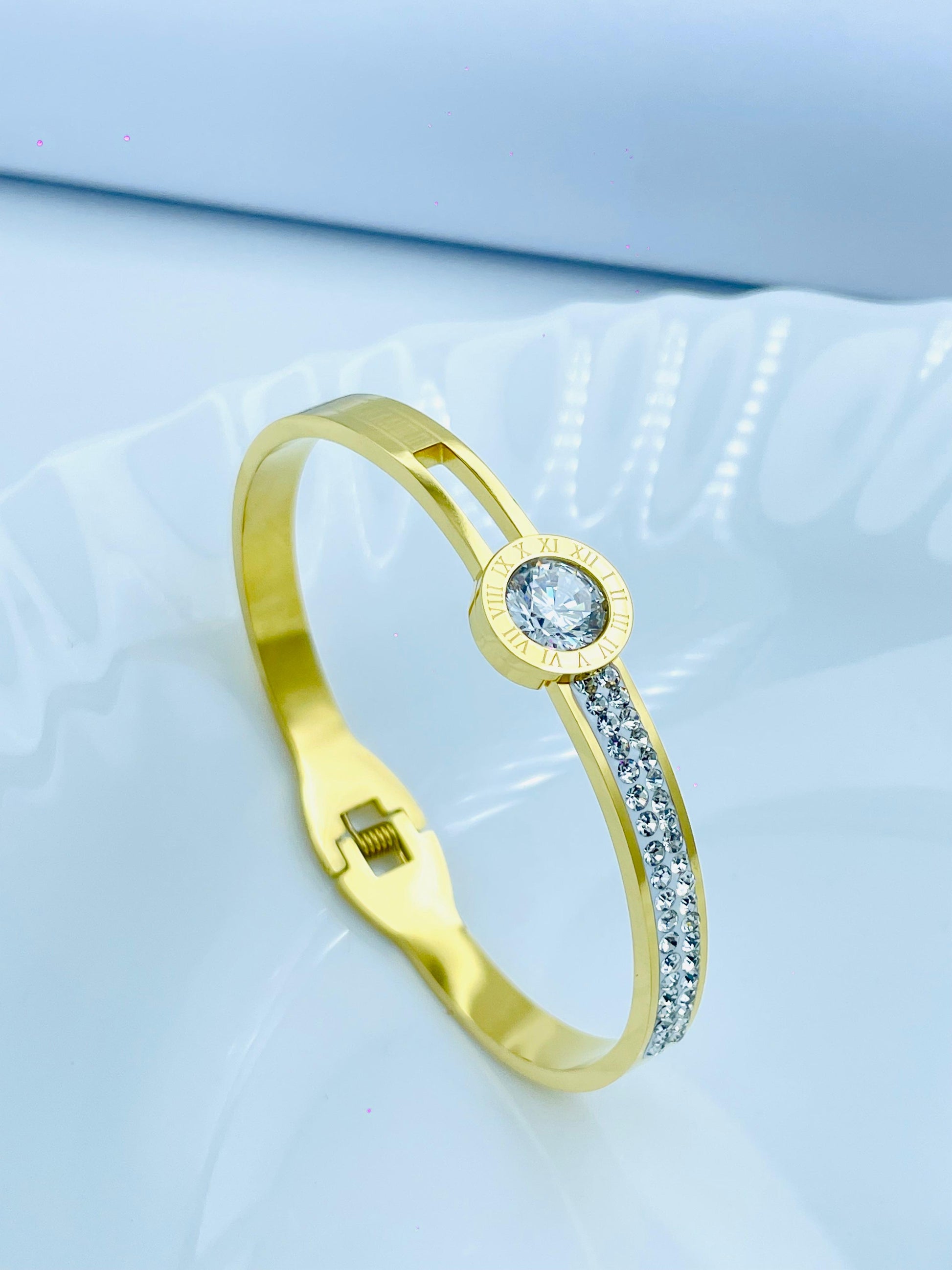 Roman Dial Anti Tarnish Bracelet Kada – Gold with Crystal Accents