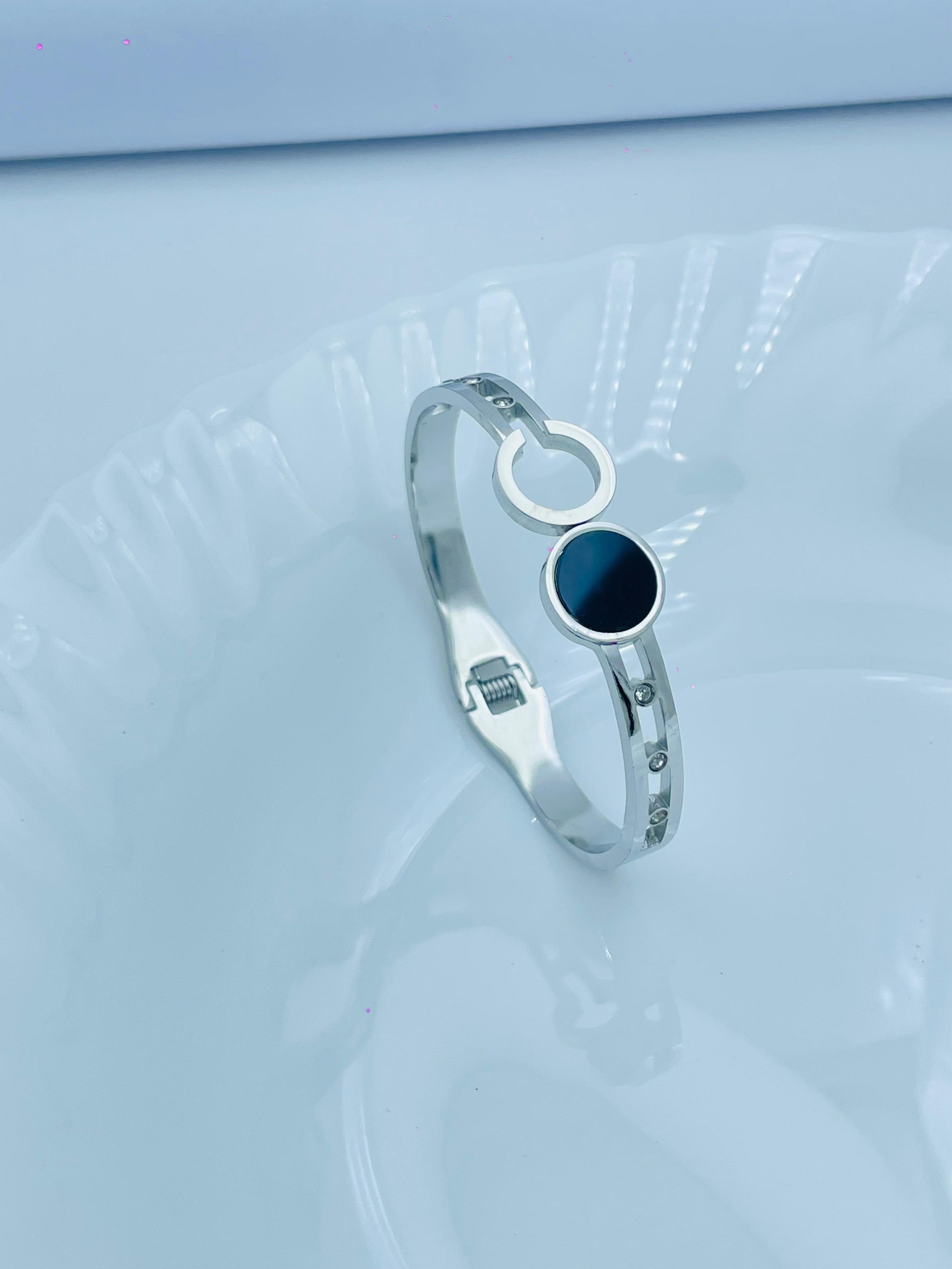 Stylish Silver Bracelet with Black Enamel Circle | Modern Women’s Bangle