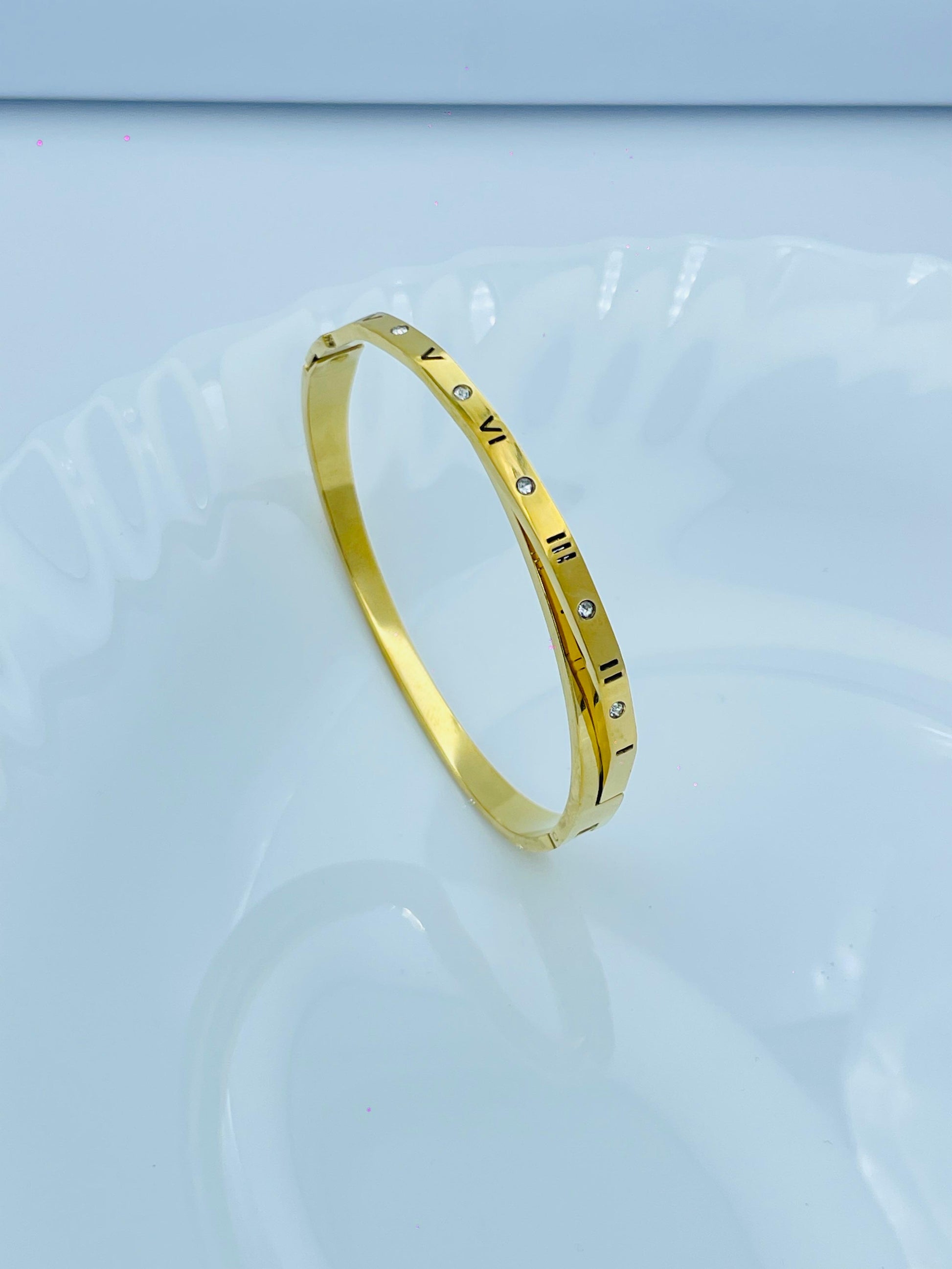 Classic Anti-Tarnish Gold Bracelet with Roman Numerals & Crystal Studs