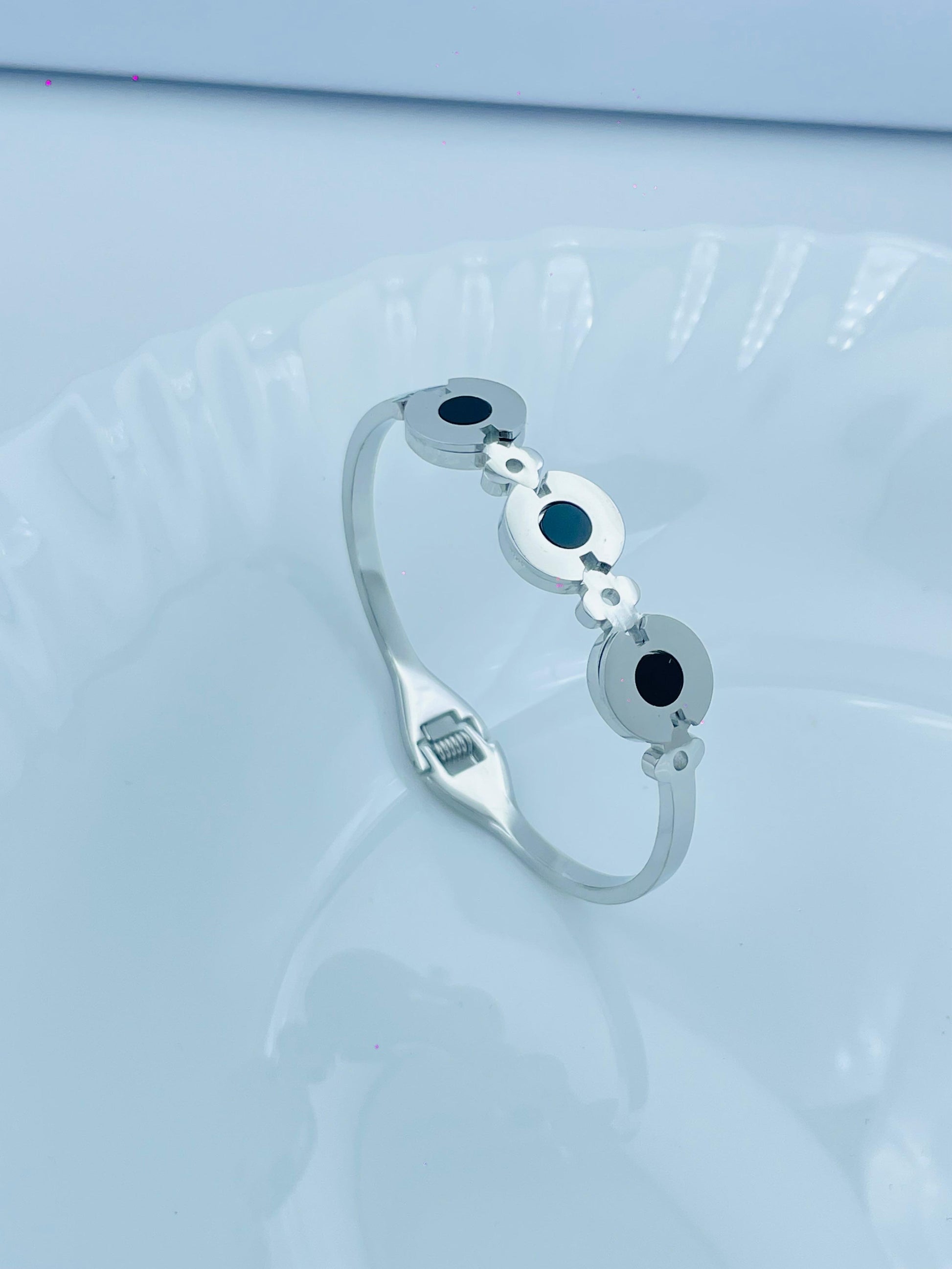 Modern Anti-Tarnish Silver Bracelet with Black Enamel Circles