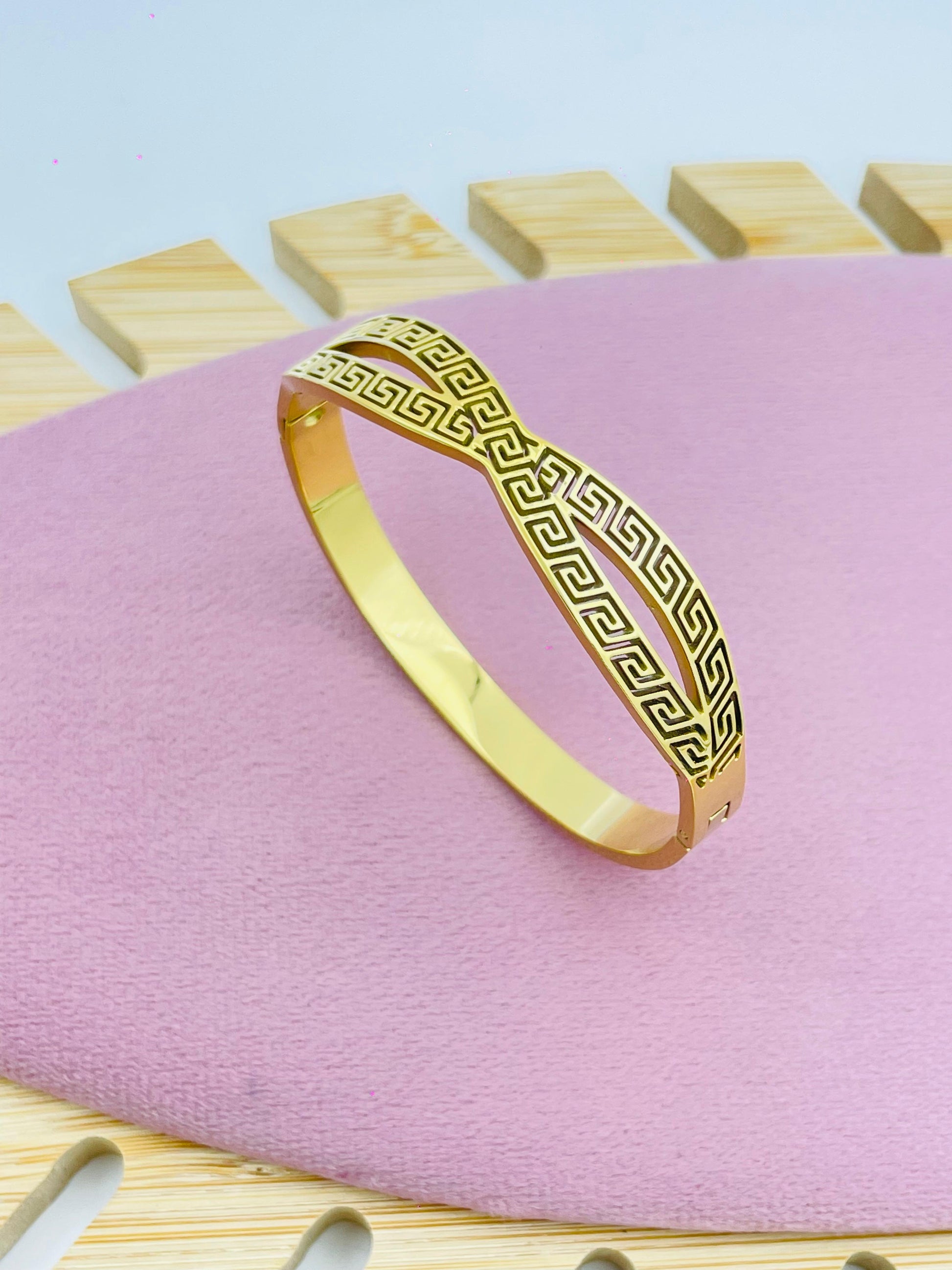 Gold Bangle with Greek Key Pattern