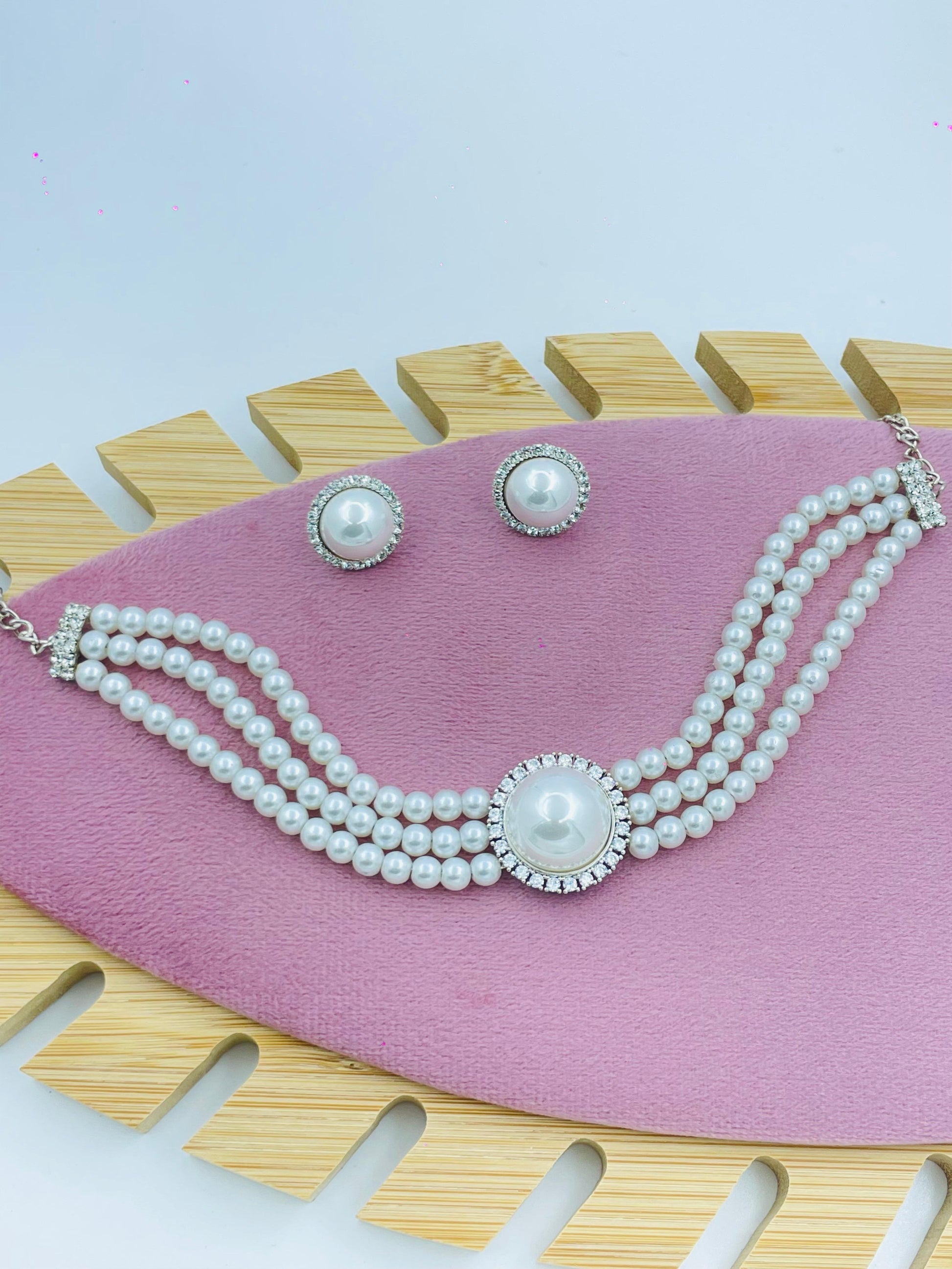 Triple Layer Pearl Necklace Set with Stud Earrings – Elegant Party Jewelry