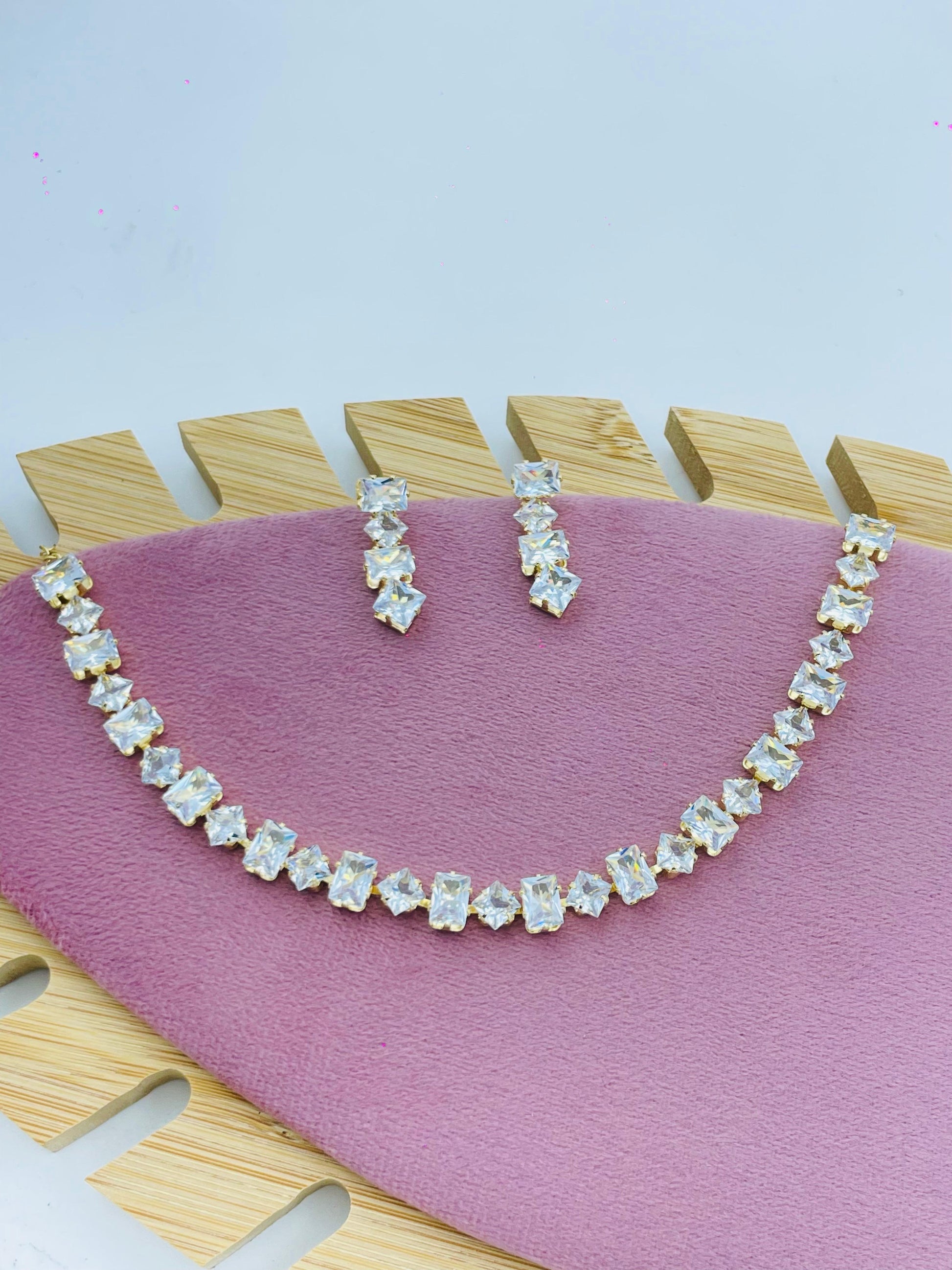 Square-Cut Crystal Necklace Set with Earrings – Luxurious Party Wear Jewelry