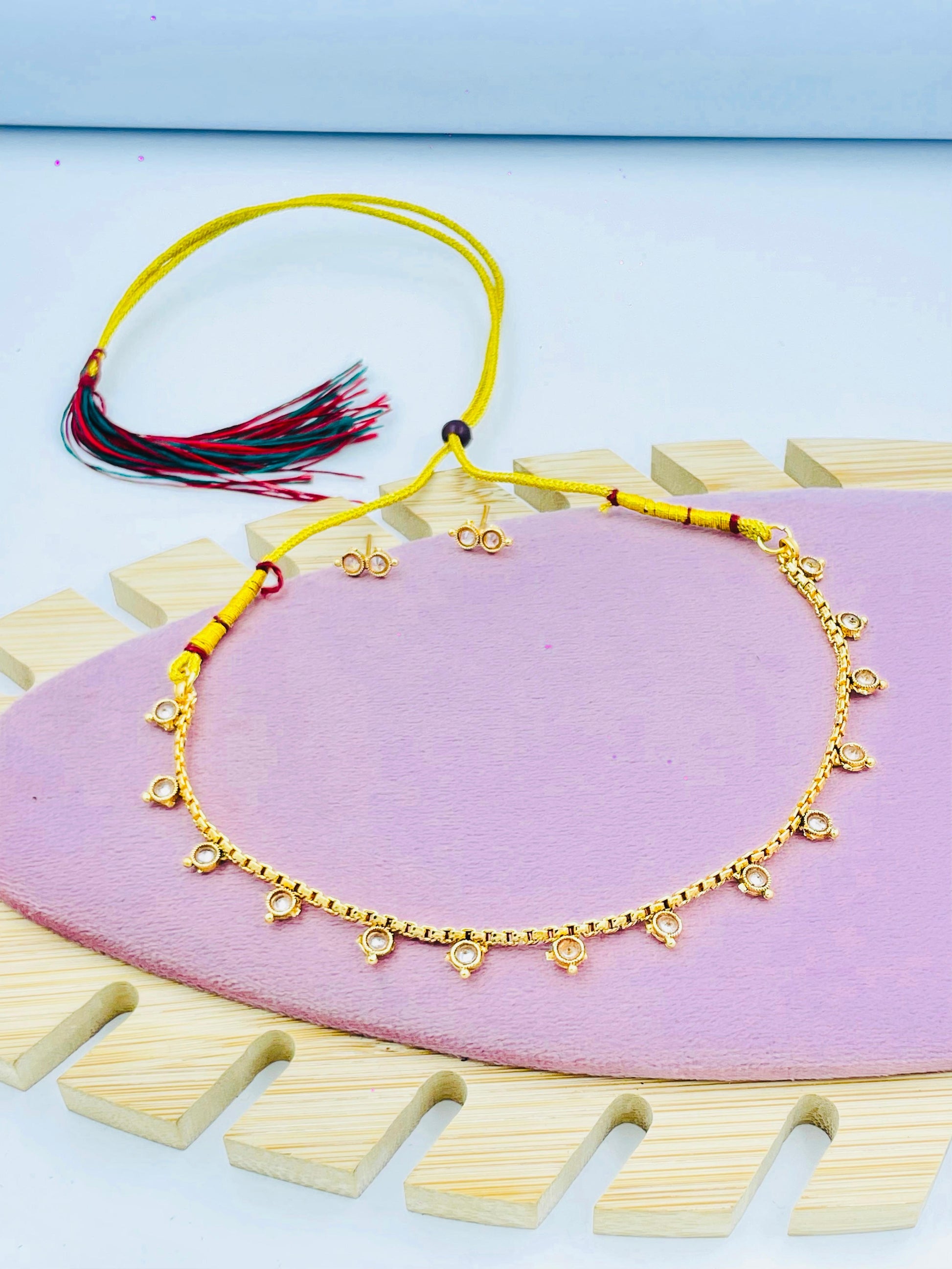 Gold Tone Necklace with Round Stones and Earrings – Simple Jewelry
